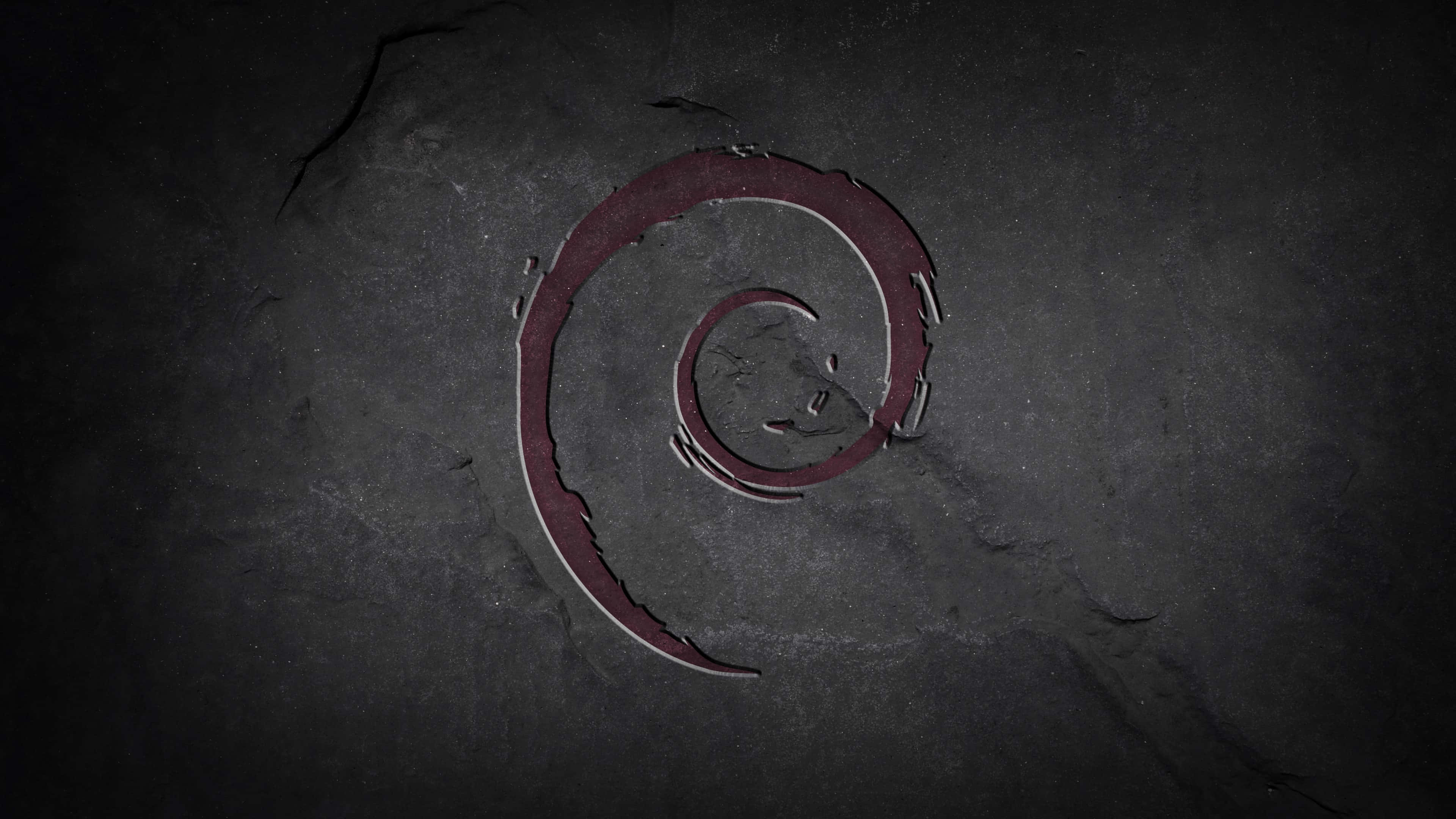 Debian, maroon spiral logo, dark textured stone, 4K Desktop Wallpaper