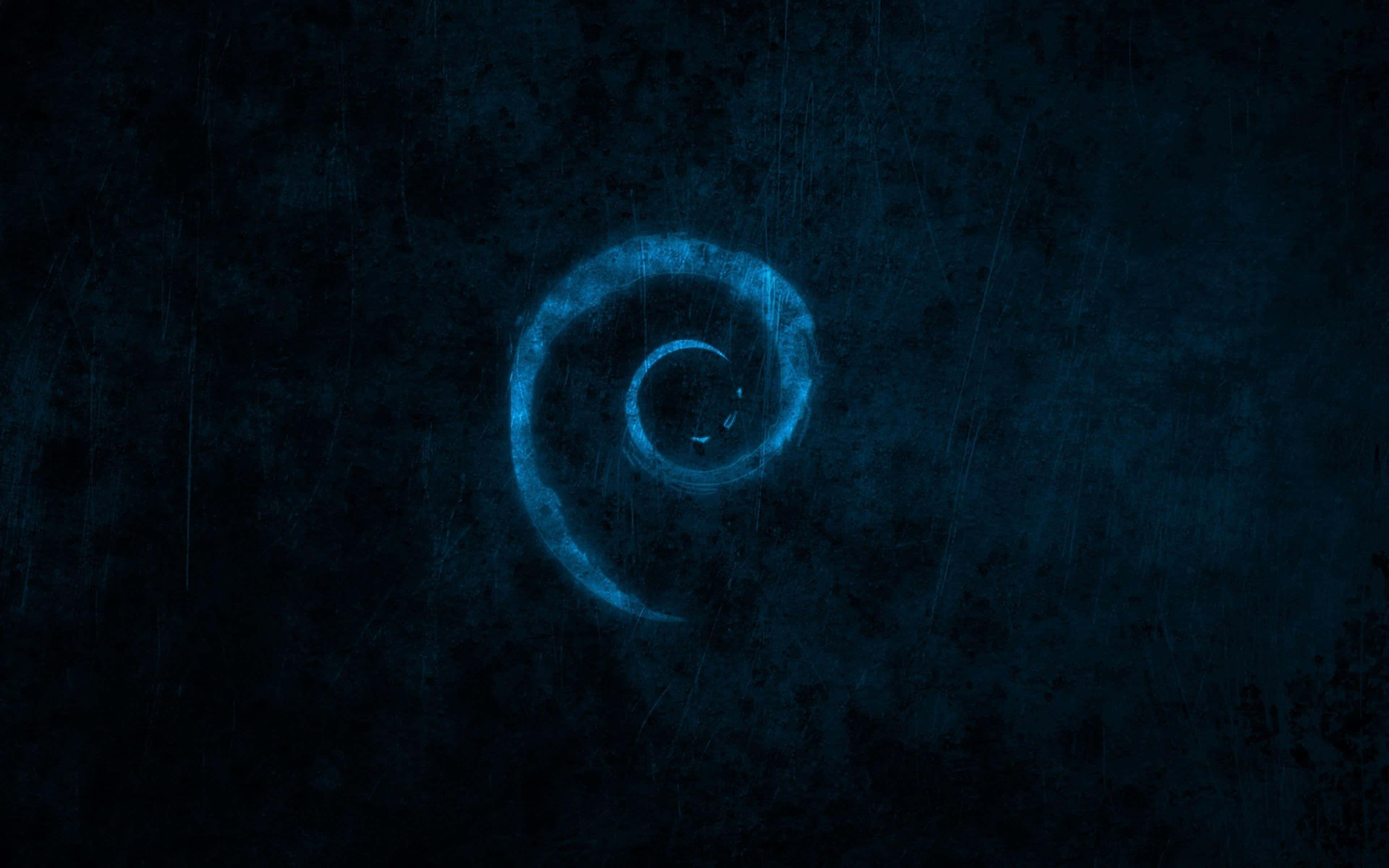 Debian, glowing blue spiral, dark textured background, 4K Desktop Wallpaper