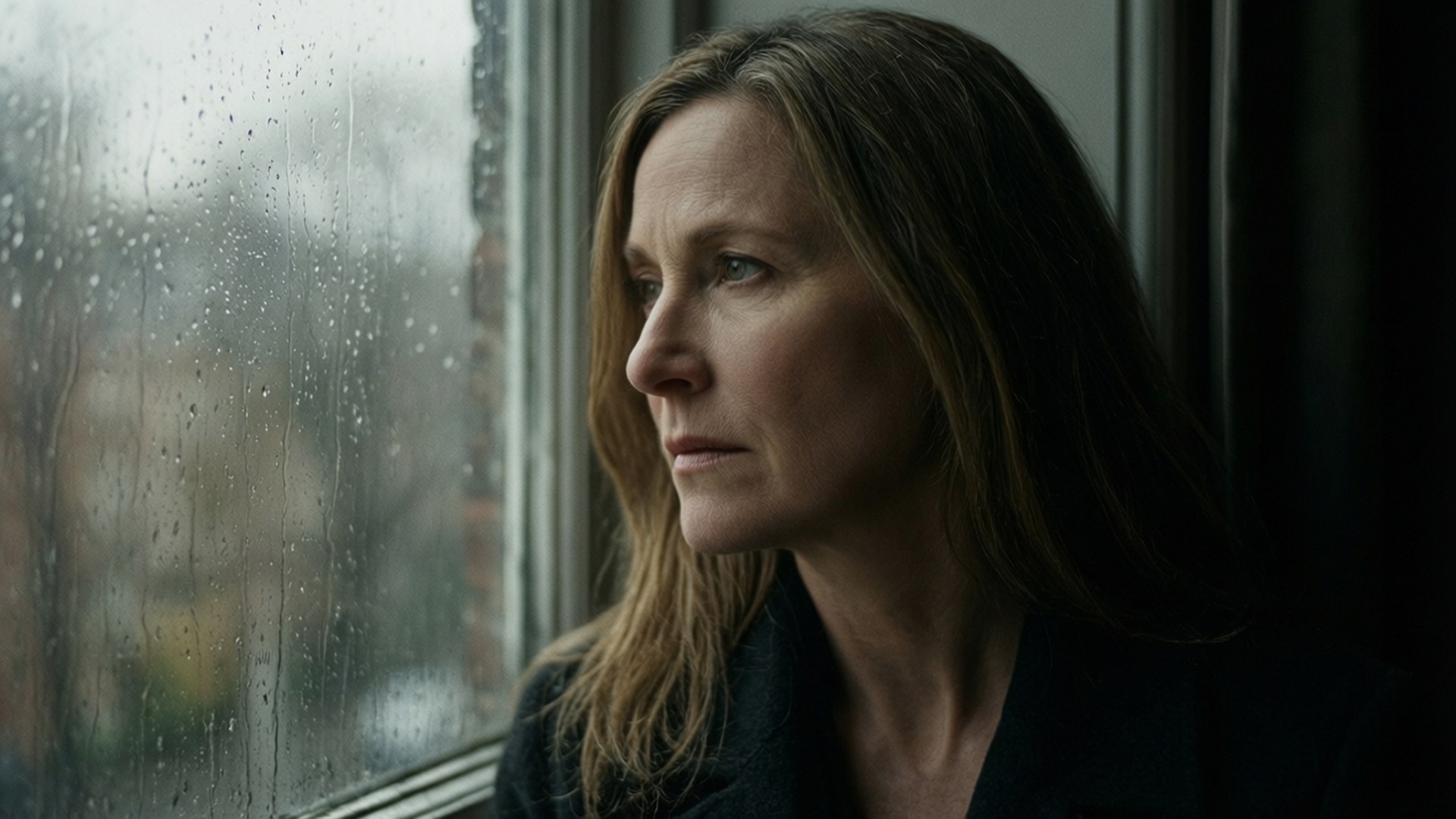 Deborah Kara Unger, rain-streaked window, rainy day, Full HD Desktop Wallpaper