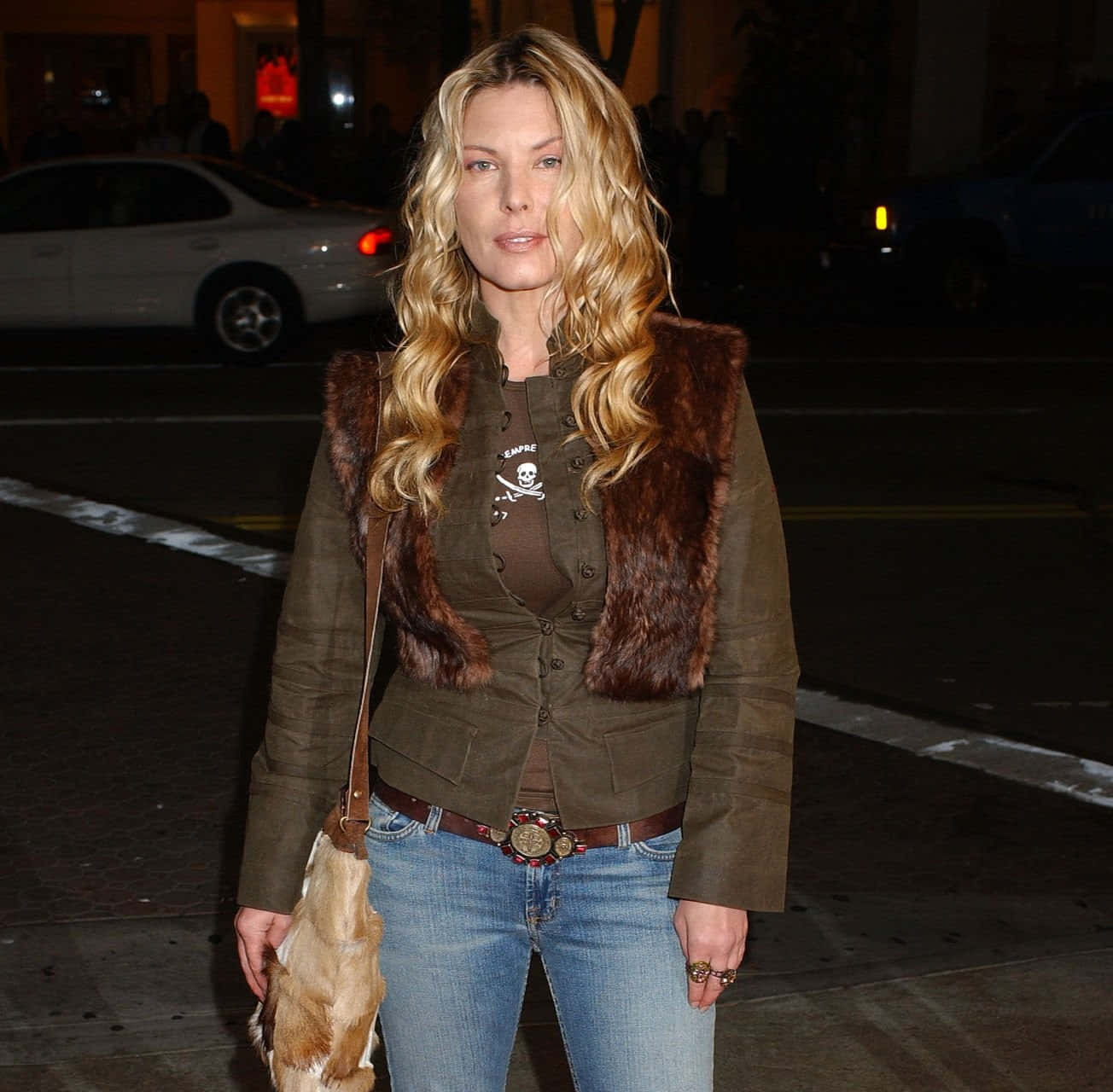 Deborah Kara Unger, brown fur-trimmed jacket, jeans, HD Desktop Wallpaper