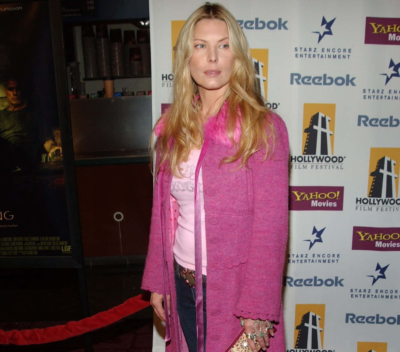 Deborah Kara Unger, vibrant pink coat, Hollywood film festival backdrop, HD Desktop Wallpaper