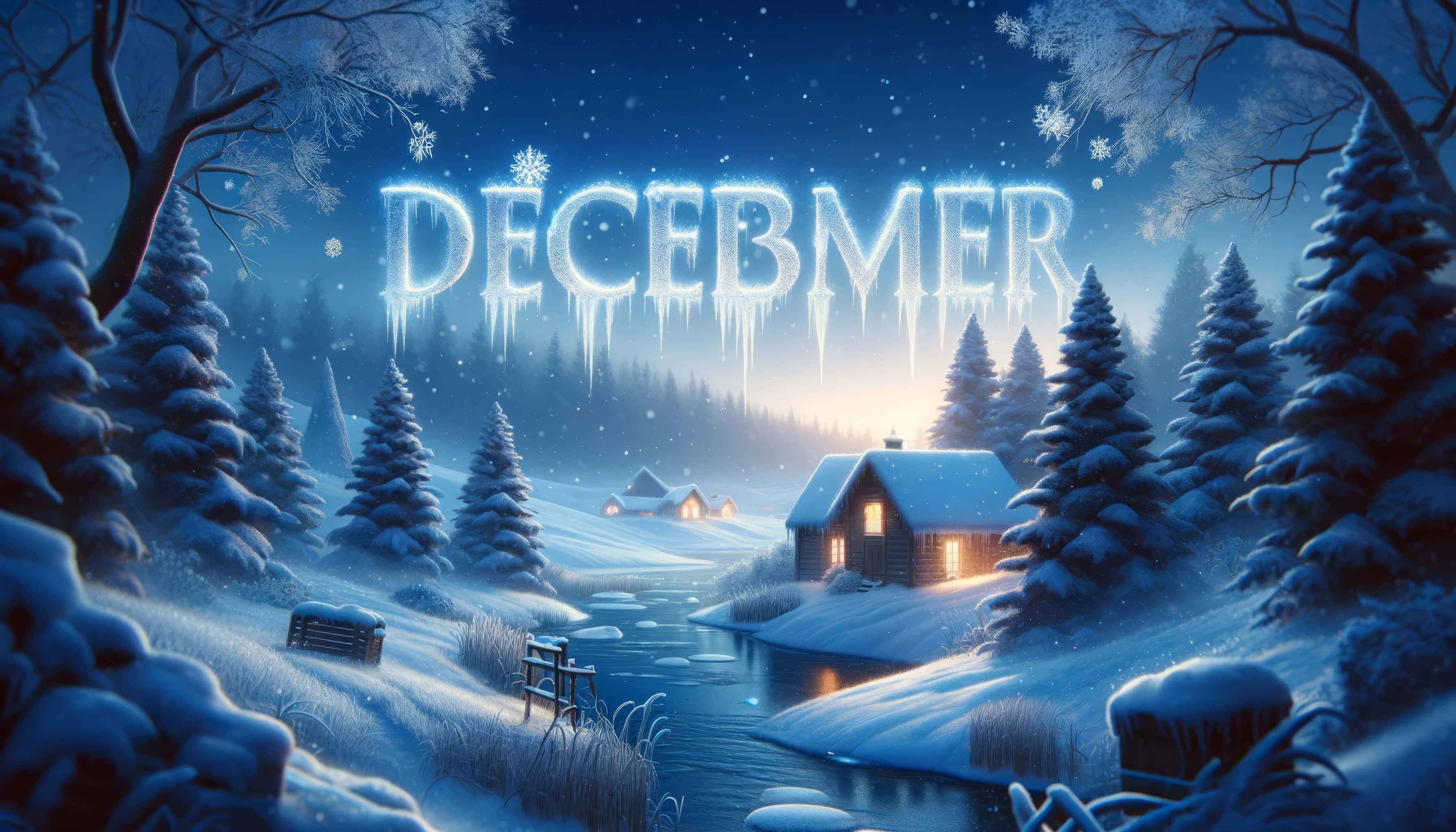 Enchanted December Winter Night, snowy December night, glowing icy sign, 2K Desktop Wallpaper