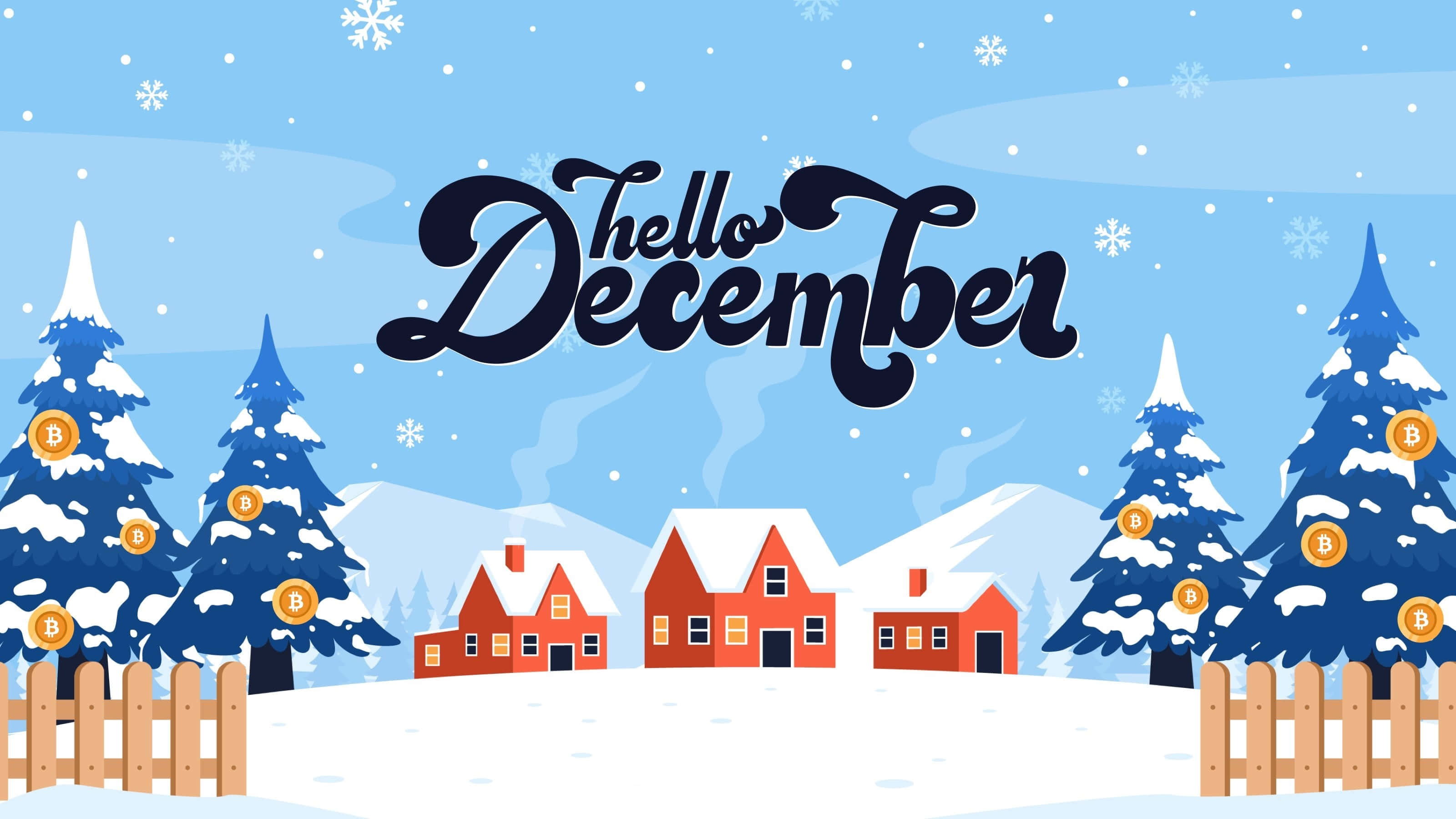 December Desktop, snowy winter village, red houses, 2K Desktop Wallpaper
