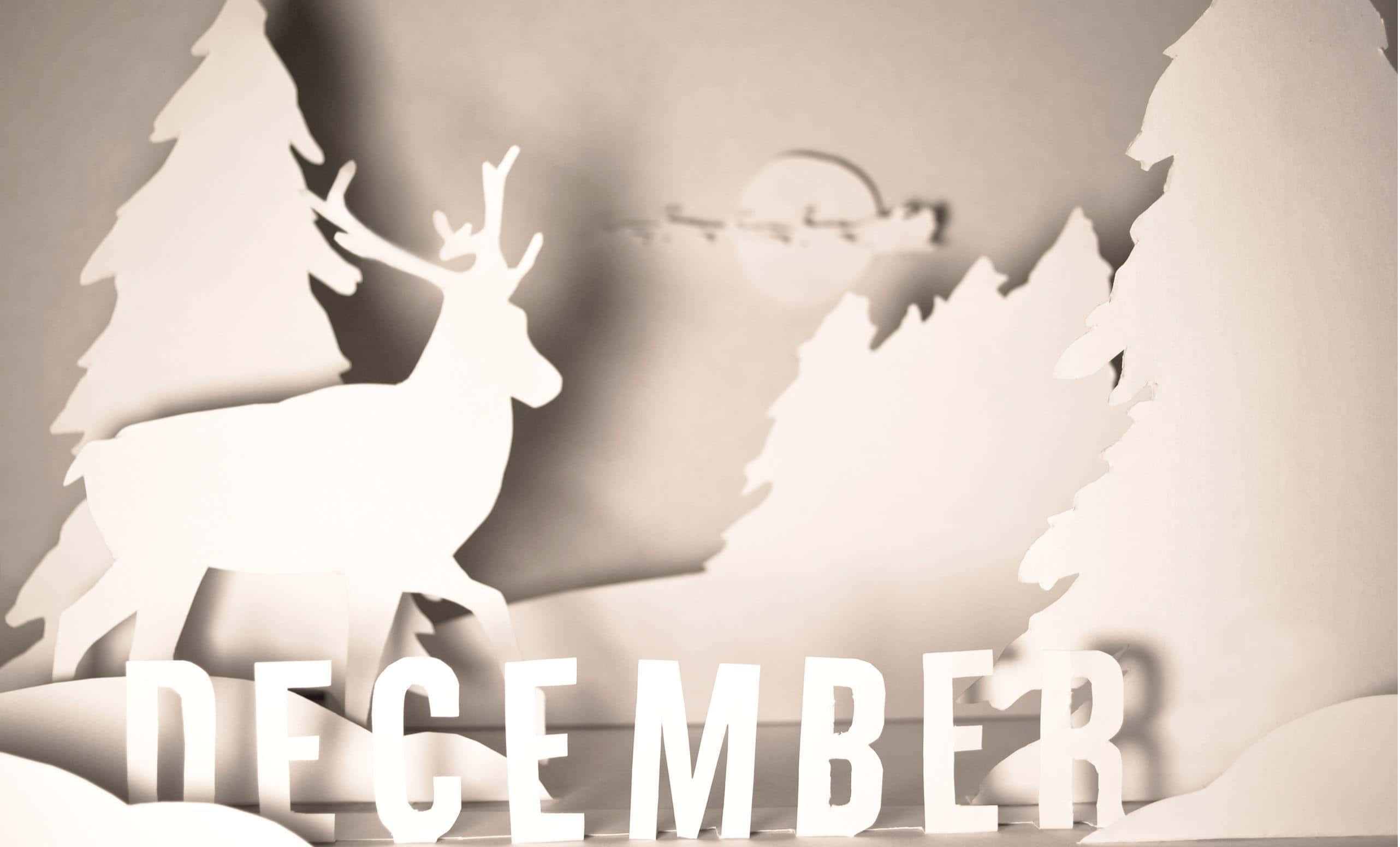 Winter Deer Paper Art, DECEMBER, snowy sky, 2K Desktop Wallpaper