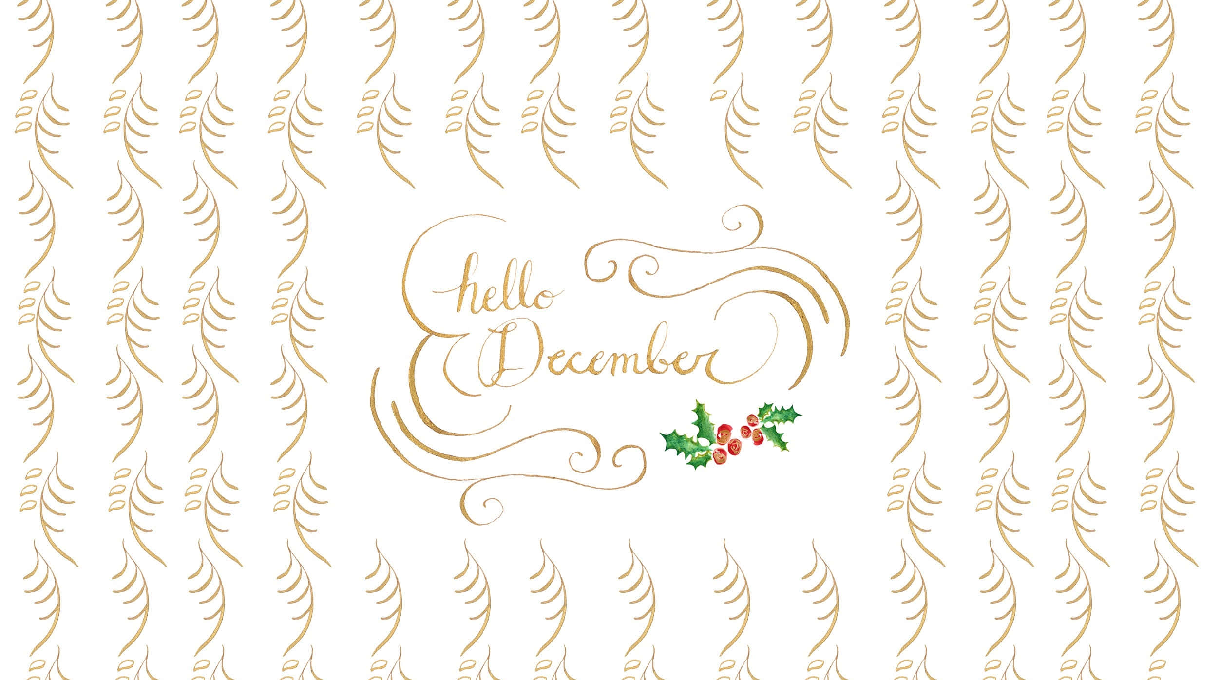 hello December, gold script, holly berries, Full HD Desktop Wallpaper