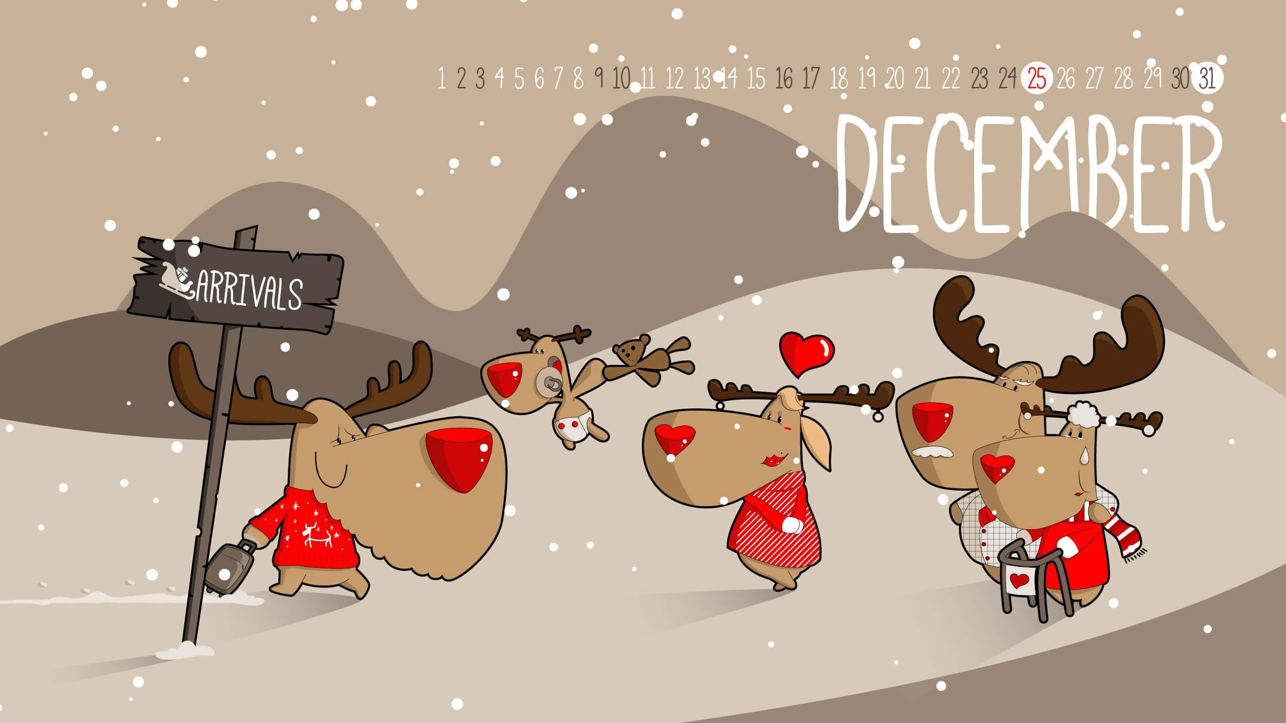 December Reindeer Arrivals Calendar, cartoon reindeer, red sweaters, 2K Desktop Wallpaper