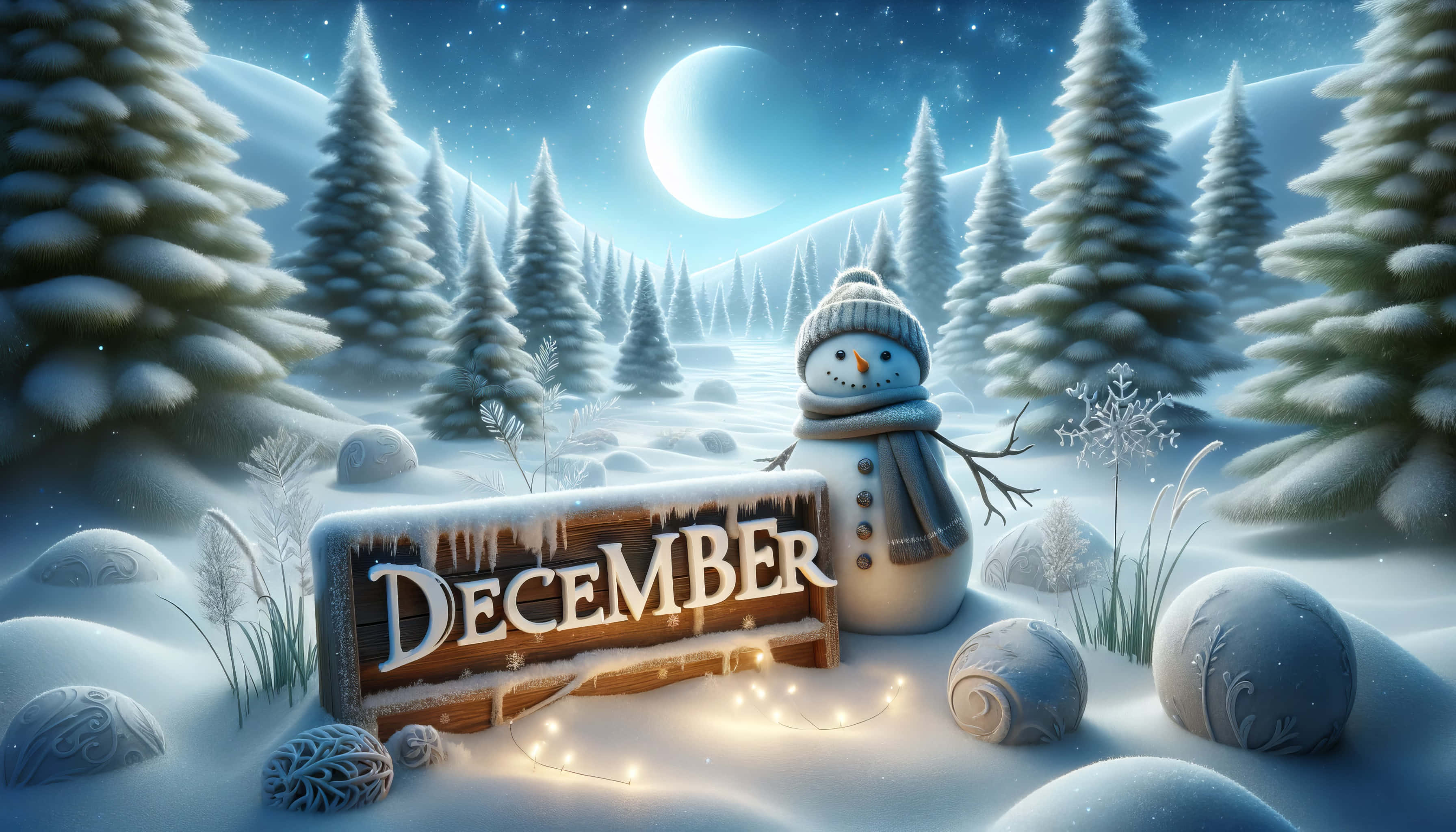 snowman, December sign, snowy pine forest, 2K Desktop Wallpaper