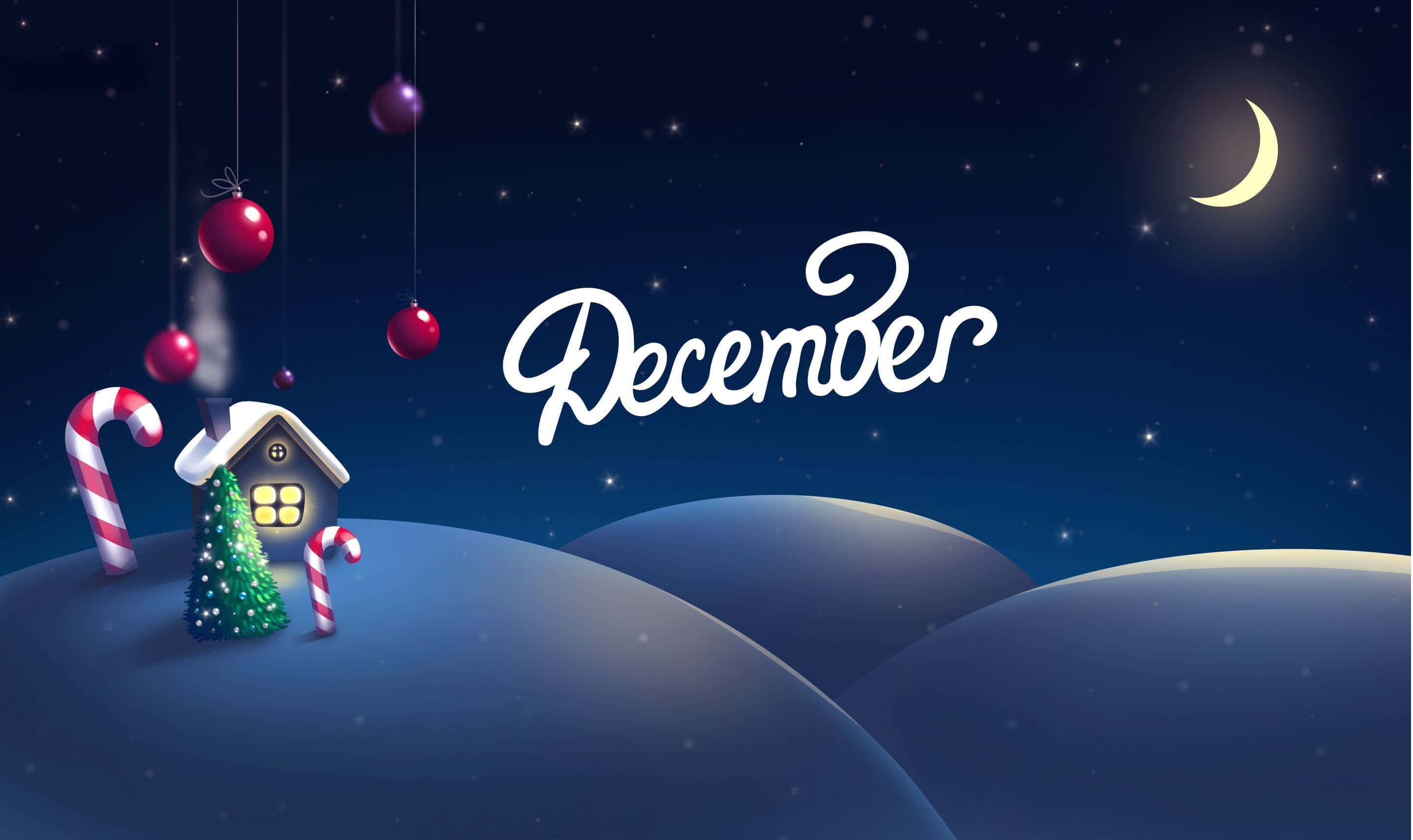 December Holiday Desktop Background, cozy winter cabin, snowy hills, 2K Desktop Wallpaper