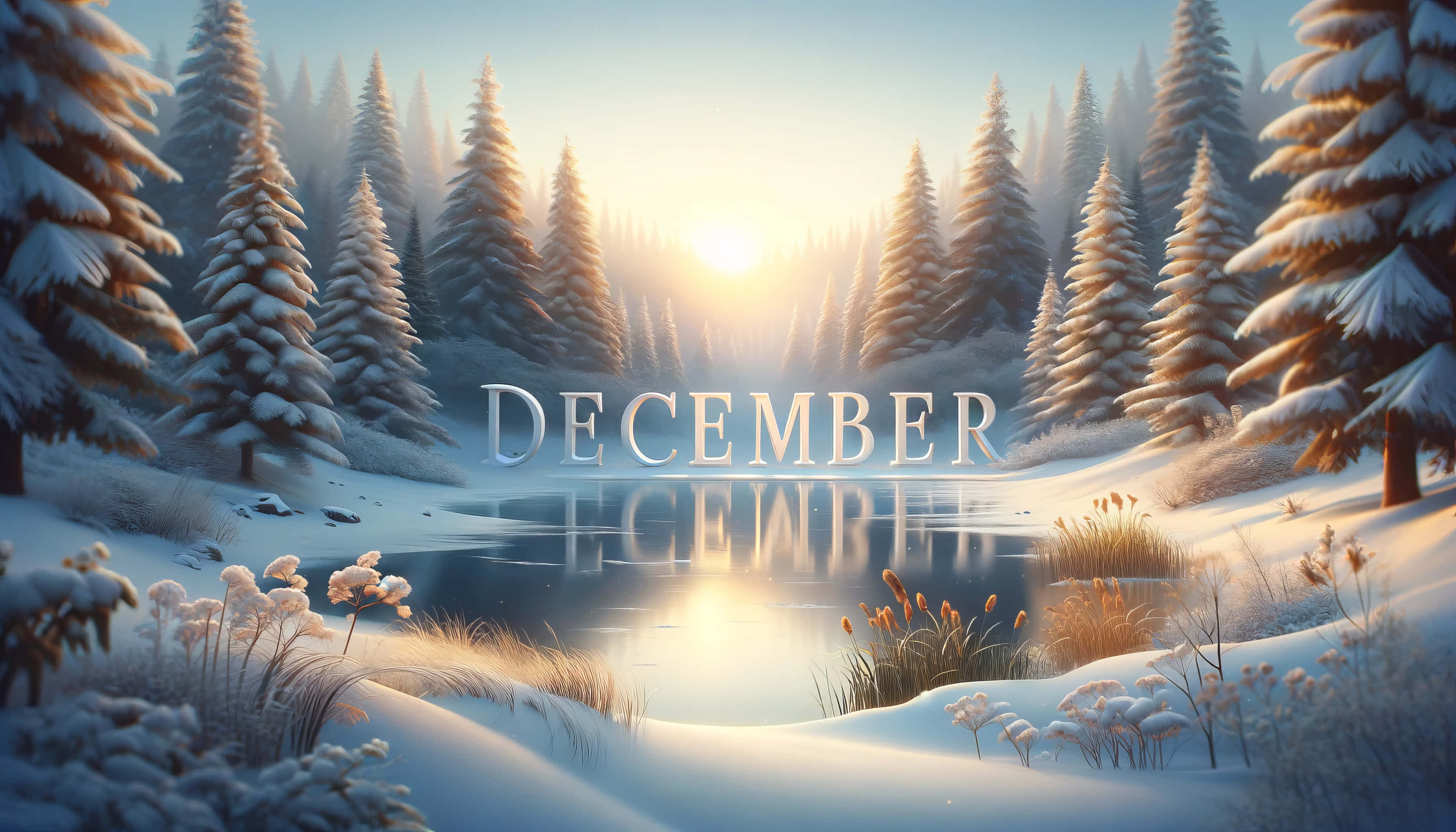 Winter Sunrise, December, frozen lake, 2K Desktop Wallpaper