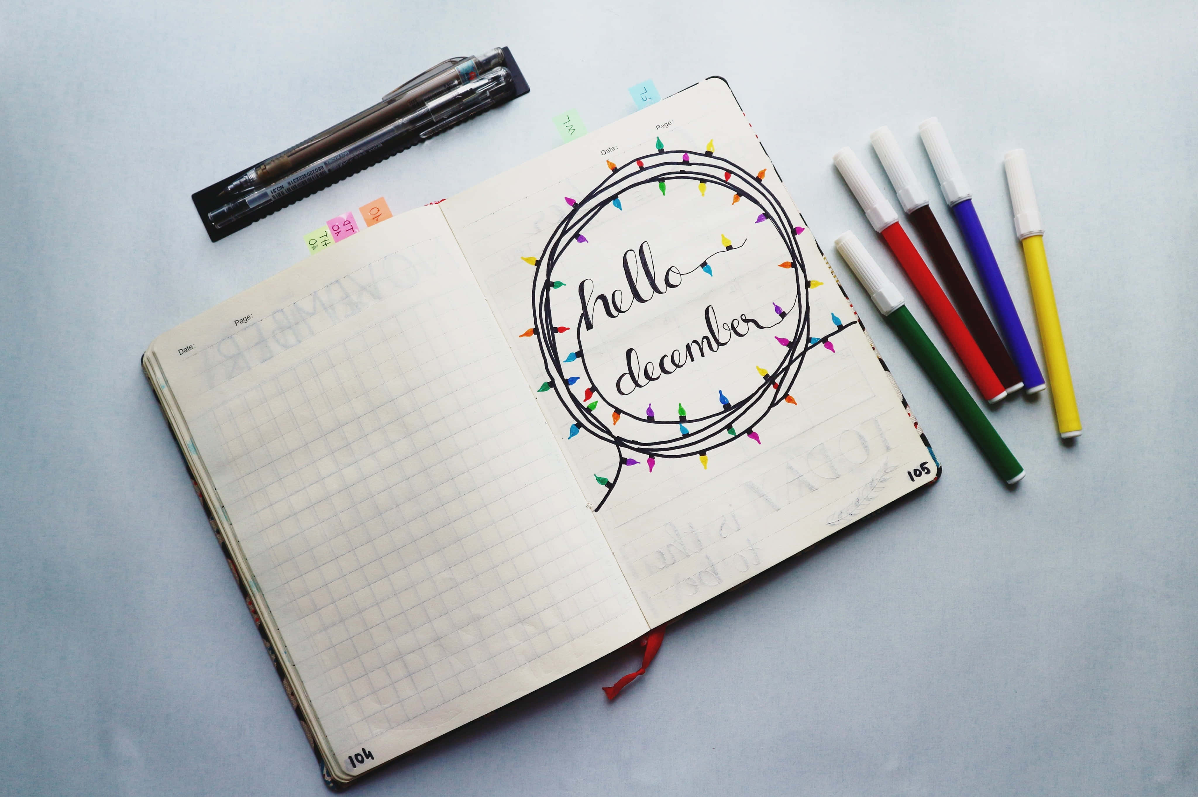 hello december, bullet journal, colorful string light wreath, 4K Desktop Wallpaper