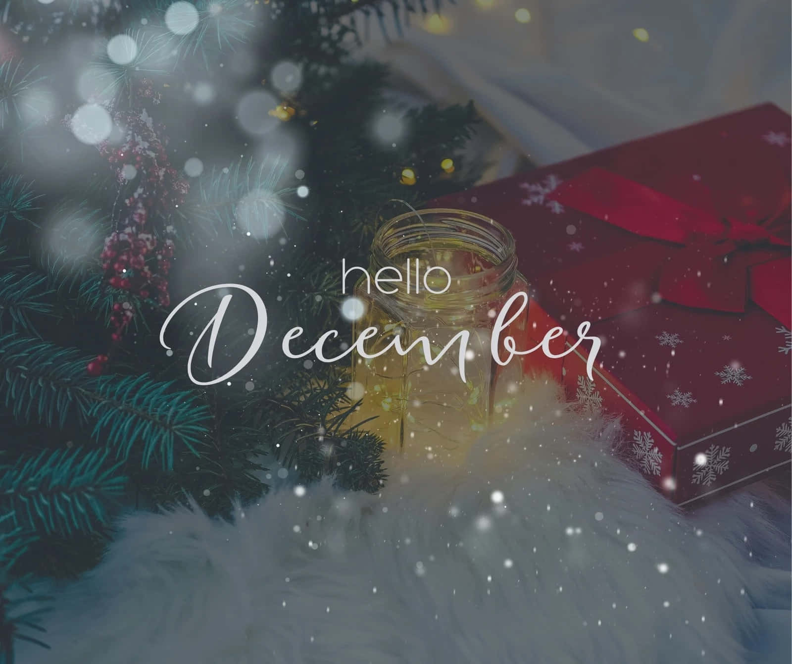 December Desktop, glowing jar candle, red gift box, HD Desktop Wallpaper