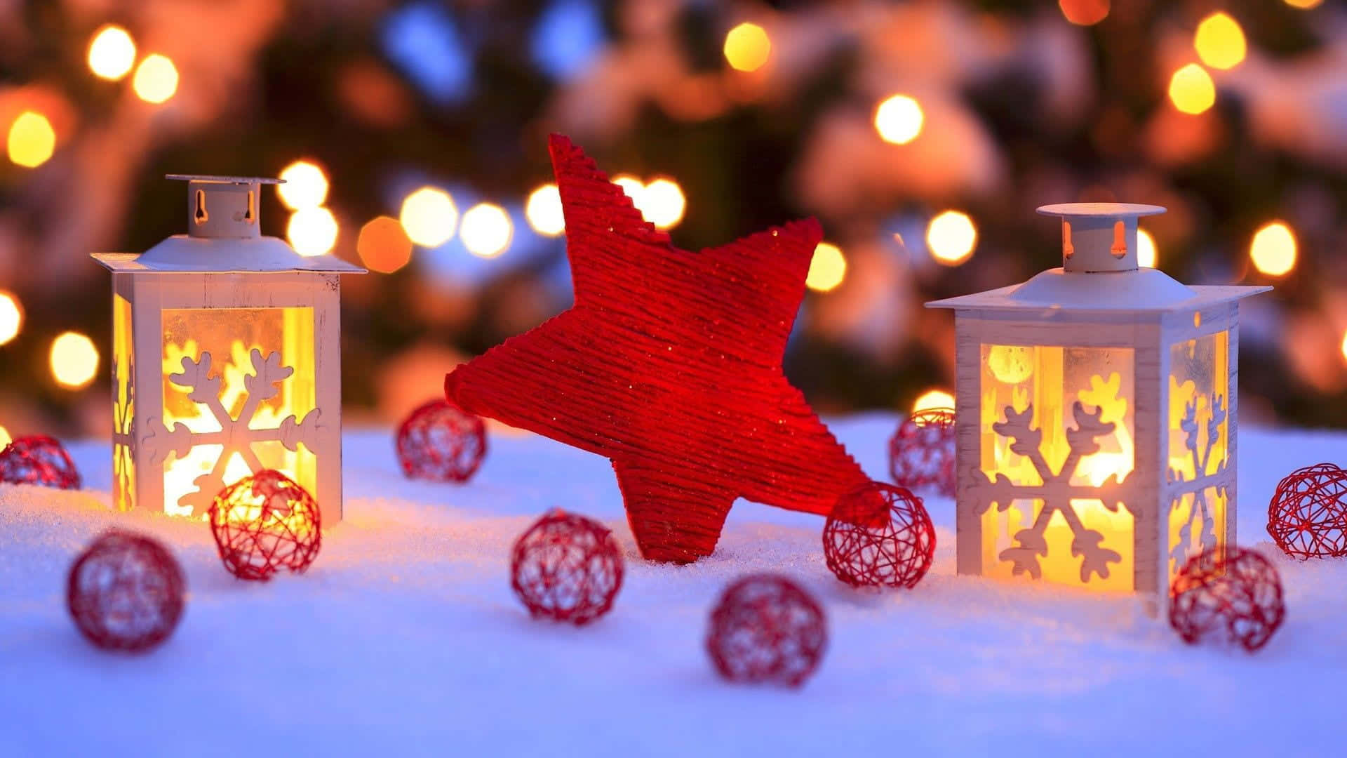 glowing red star, snowflake lanterns, snow, Full HD Desktop Wallpaper