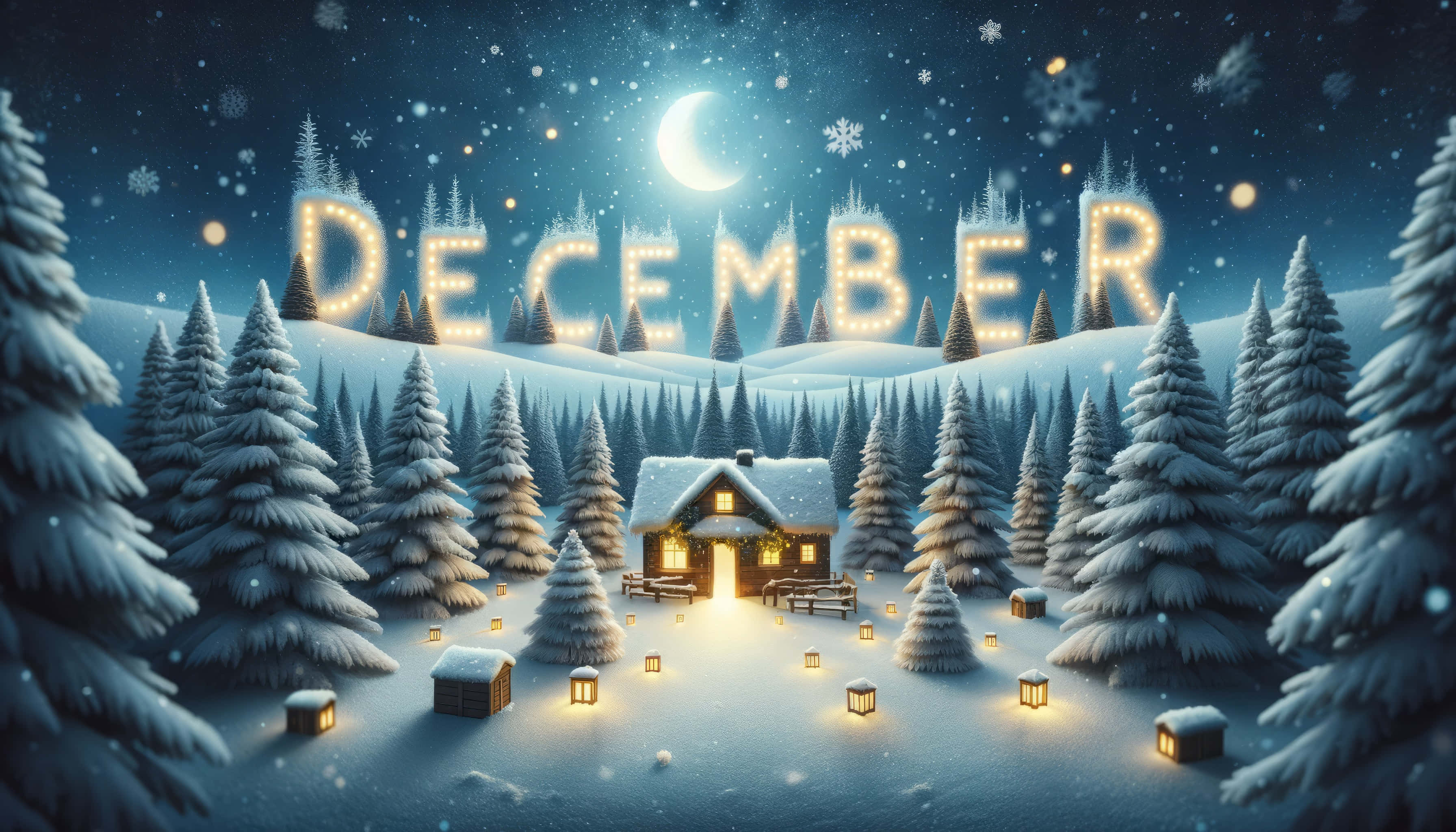 December, winter forest, crescent moon, 2K Desktop Wallpaper