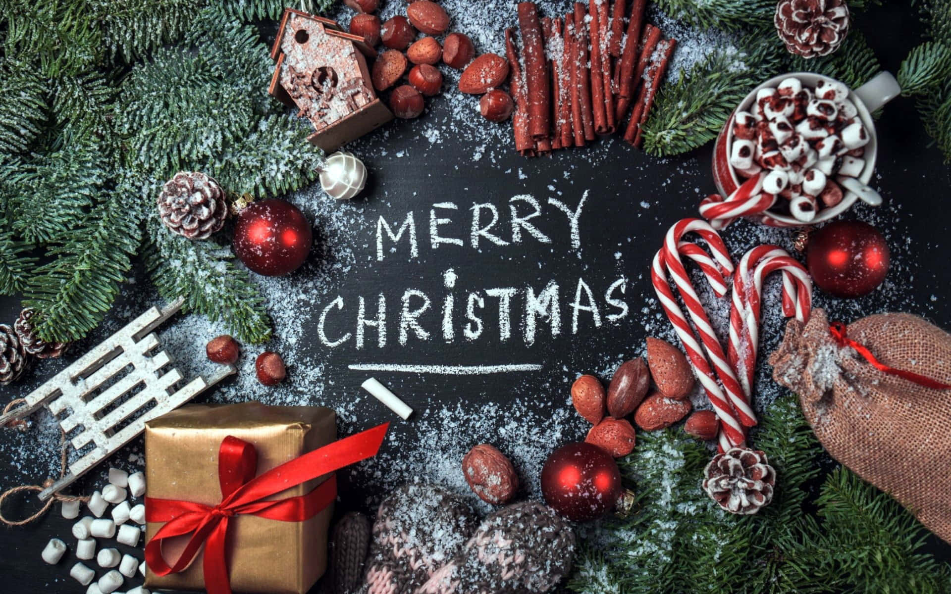 Christmas, pine branches, candy canes, Full HD Desktop Wallpaper