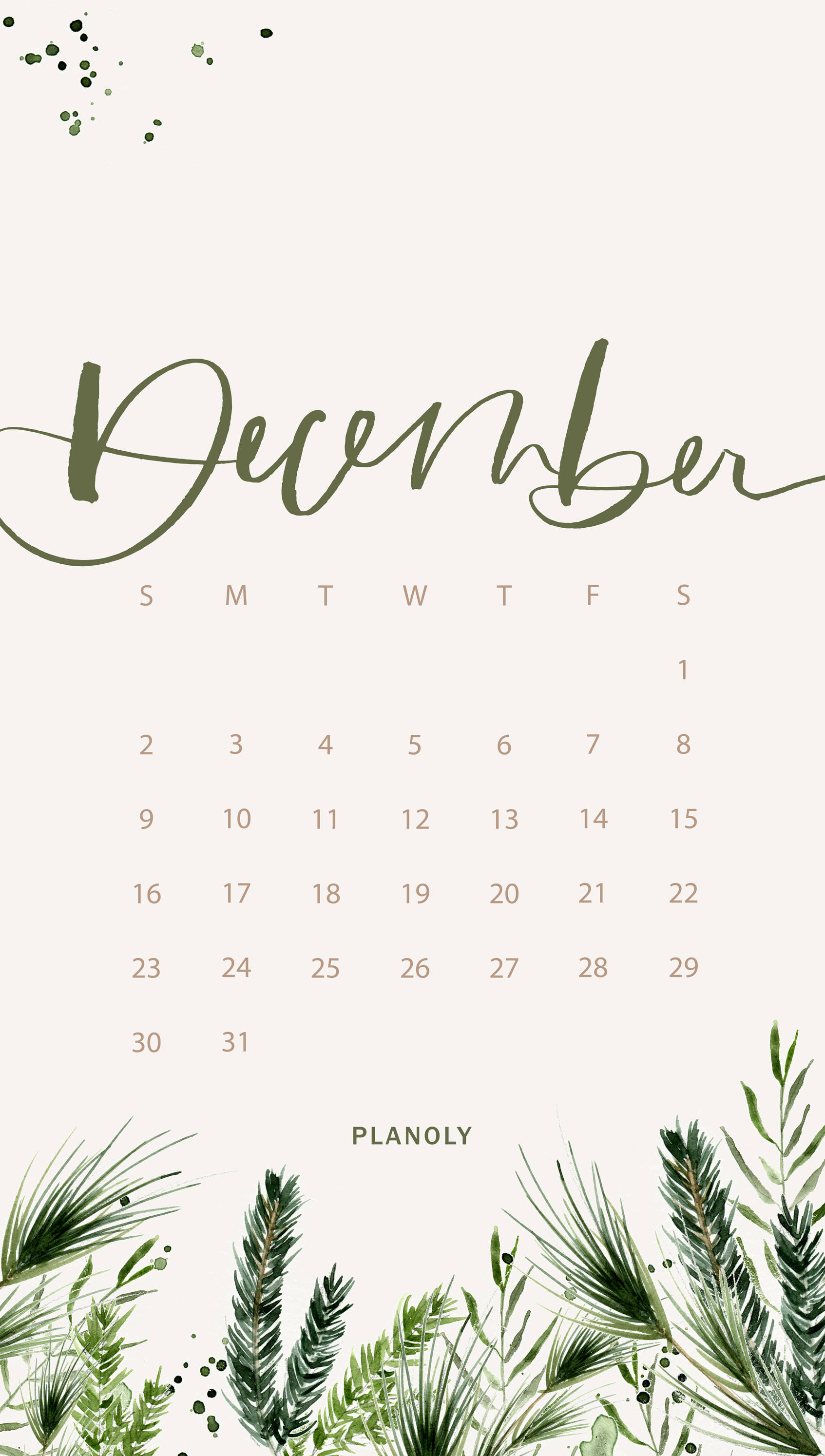 December, green script, watercolor foliage, 2K Phone Wallpaper