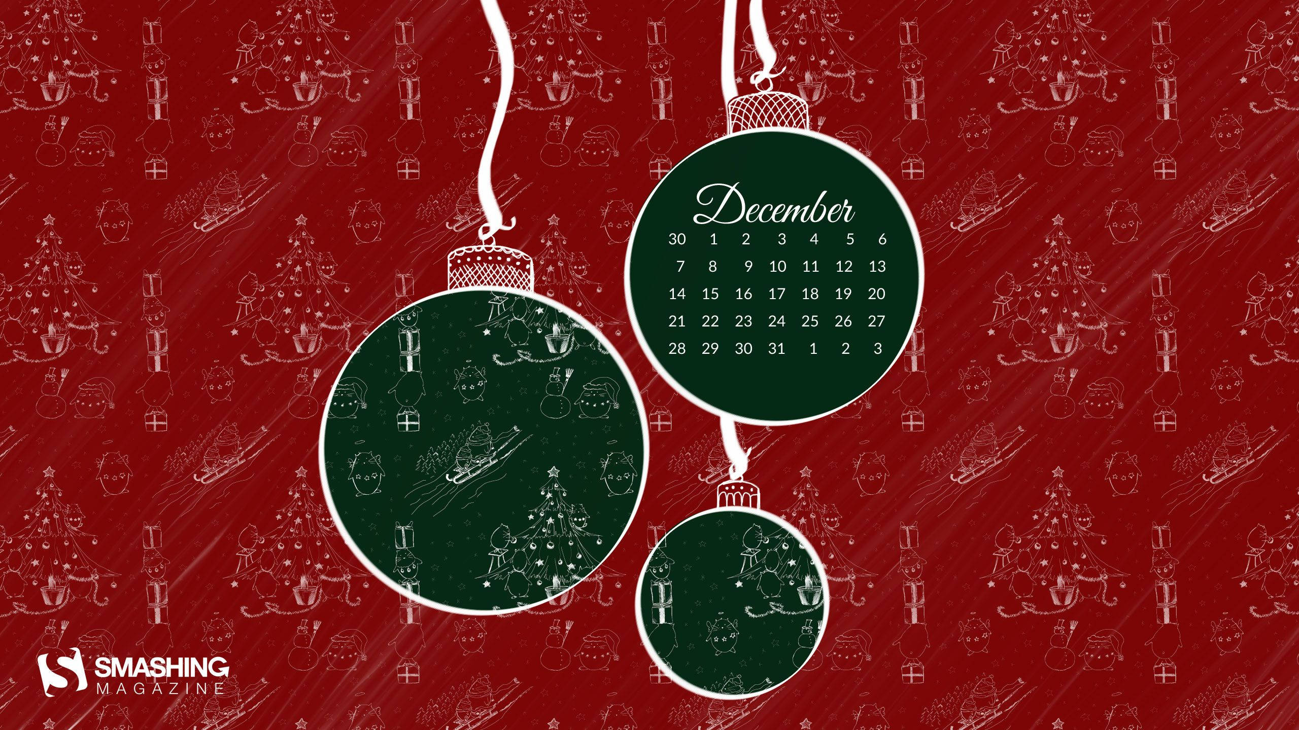 December, Christmas calendar, green Christmas ornaments, 2K Desktop Wallpaper