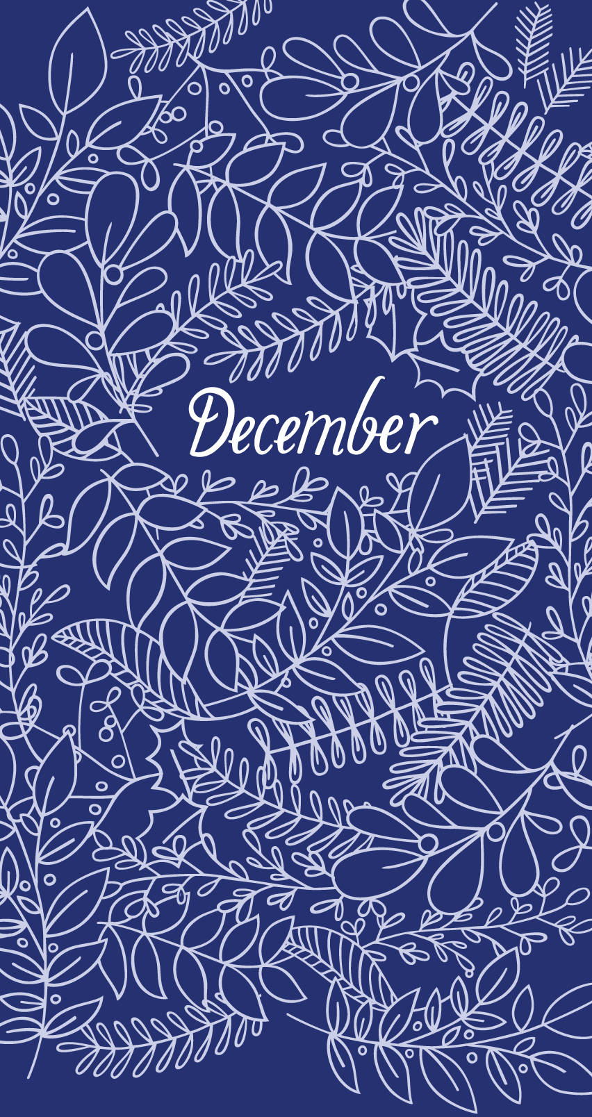 December, deep blue background, white line-drawn foliage patterns, HD Phone Wallpaper