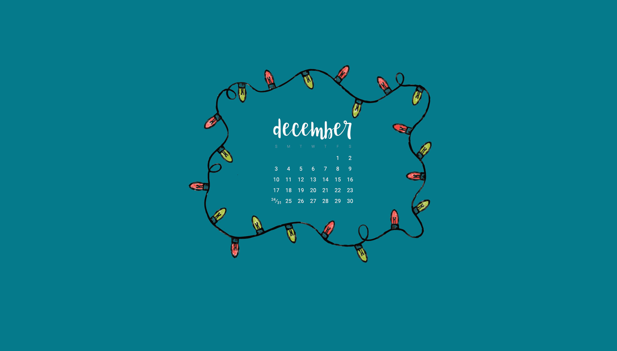 minimalist blue december calendar, teal background, hand-drawn string lights, Full HD Desktop Wallpaper