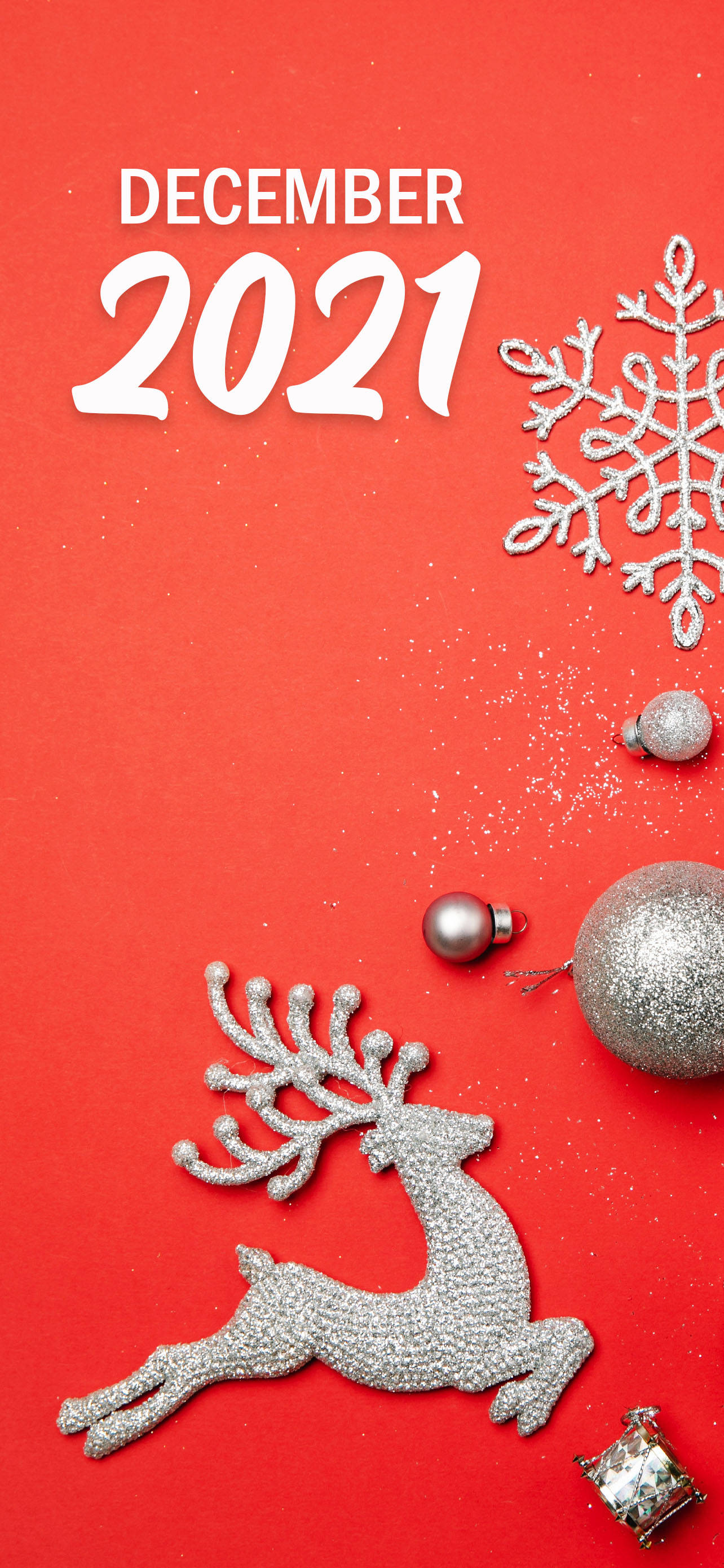 December 2021, glittery red, silver reindeer snowflake ornaments, 2K Phone Wallpaper