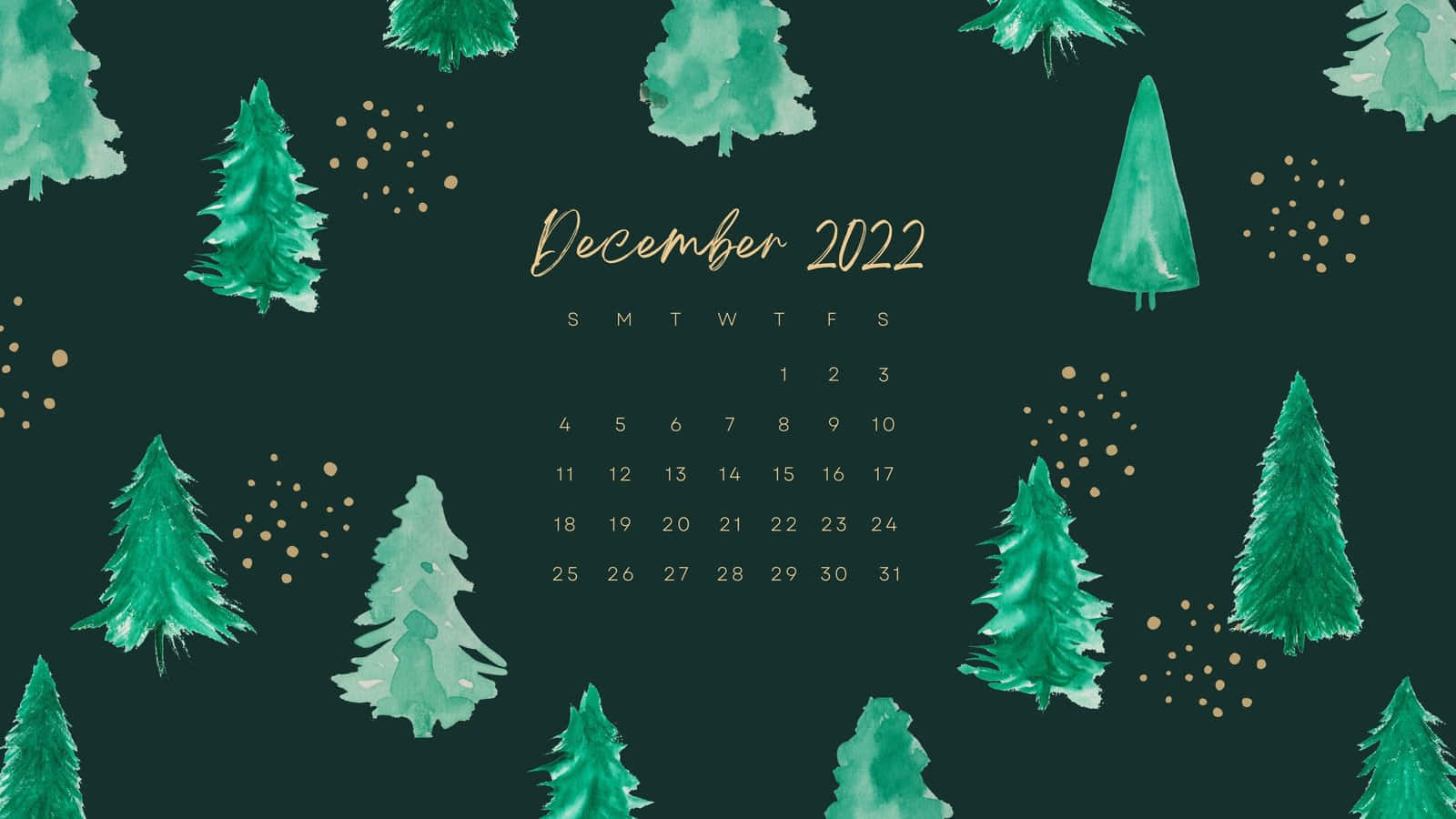 December, gold dots, watercolor pine trees, HD Desktop Wallpaper
