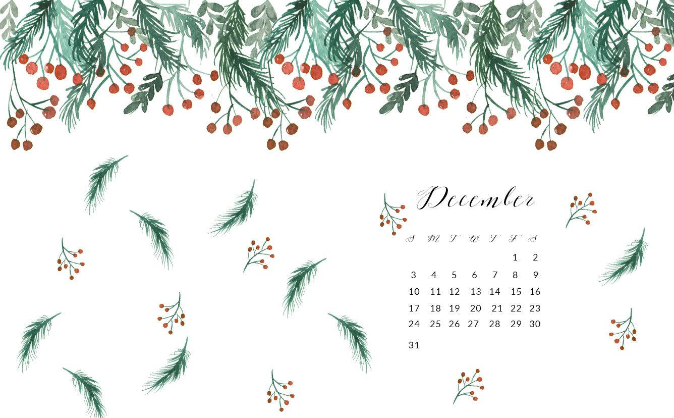 December, watercolor, green pine branches, HD Desktop Wallpaper