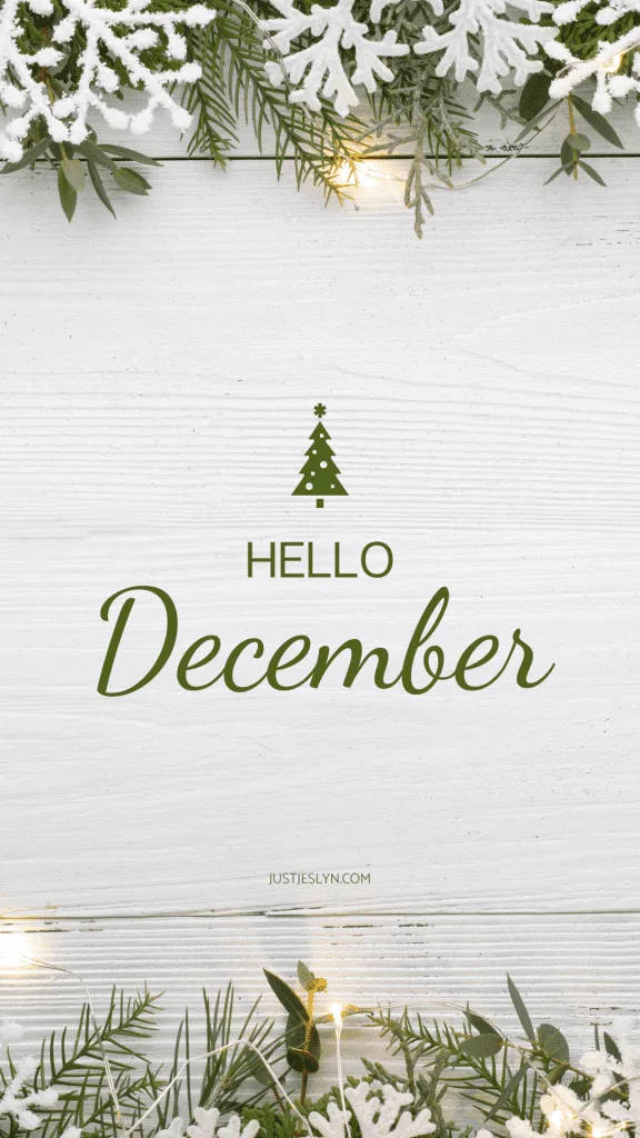 Hello December, white wooden surface, snowy evergreen branches, SD Phone Wallpaper