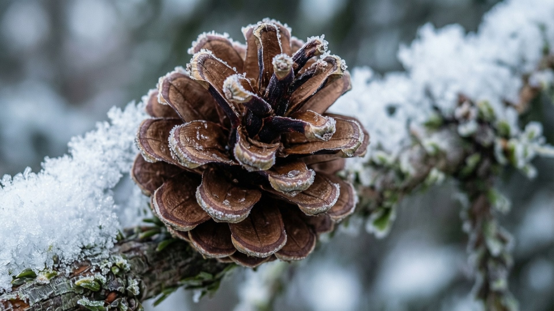 frost-covered pinecone, snowy branch, ice crystals, Full HD Desktop Wallpaper