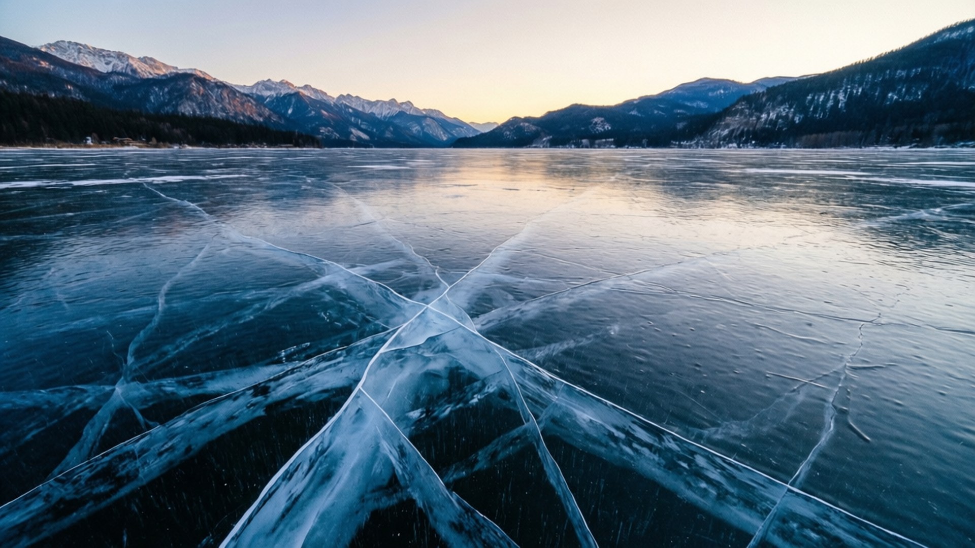frozen lake, intricate ice cracks, snow-capped mountains, Full HD Desktop Wallpaper