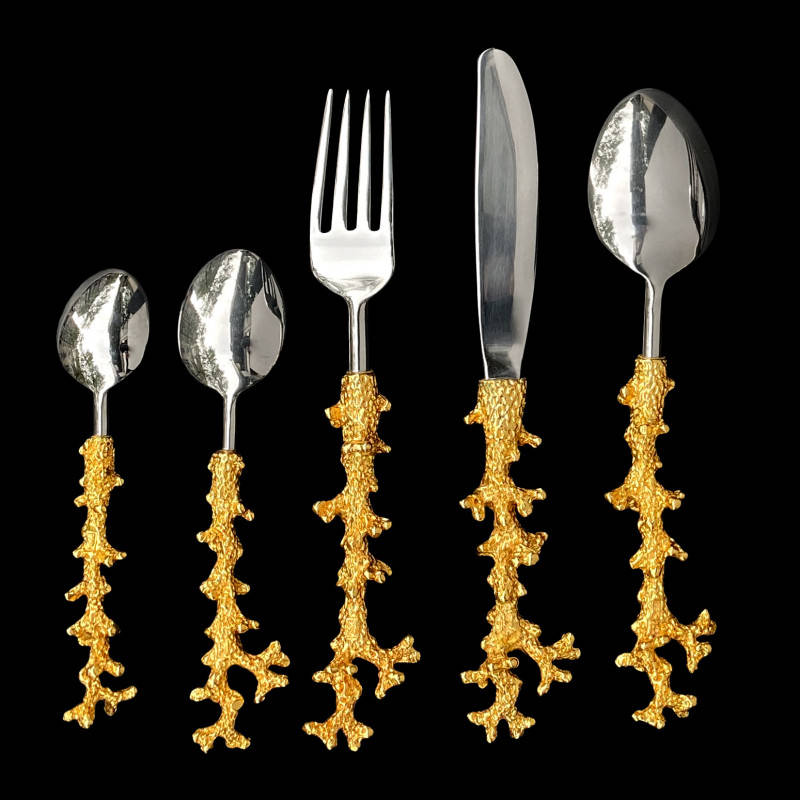 Utensils Coral, silver cutlery, textured gold coral-inspired handles, SD Desktop Wallpaper