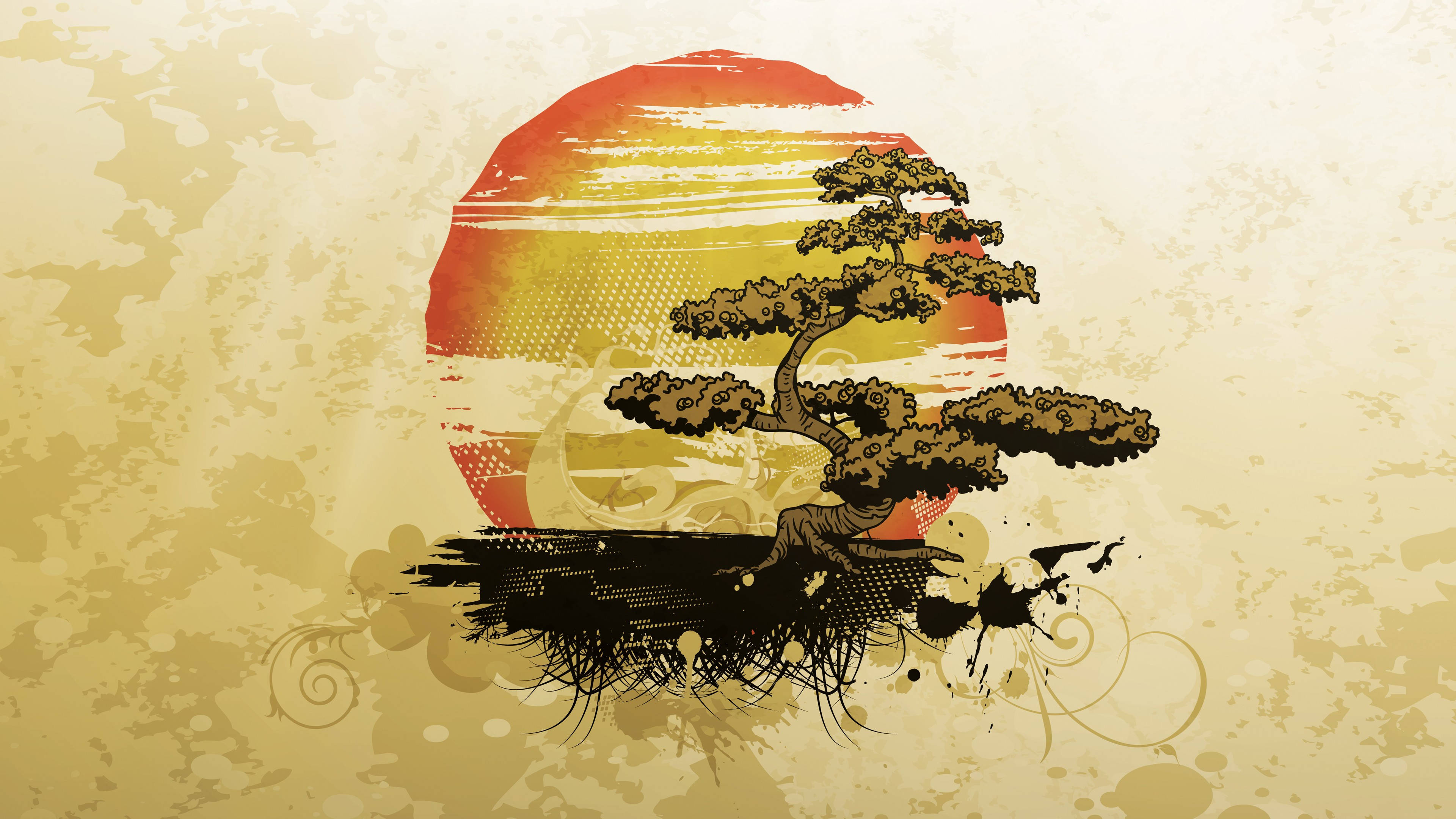 bonsai tree, sunset, orange yellow and red hues, 4K Desktop Wallpaper