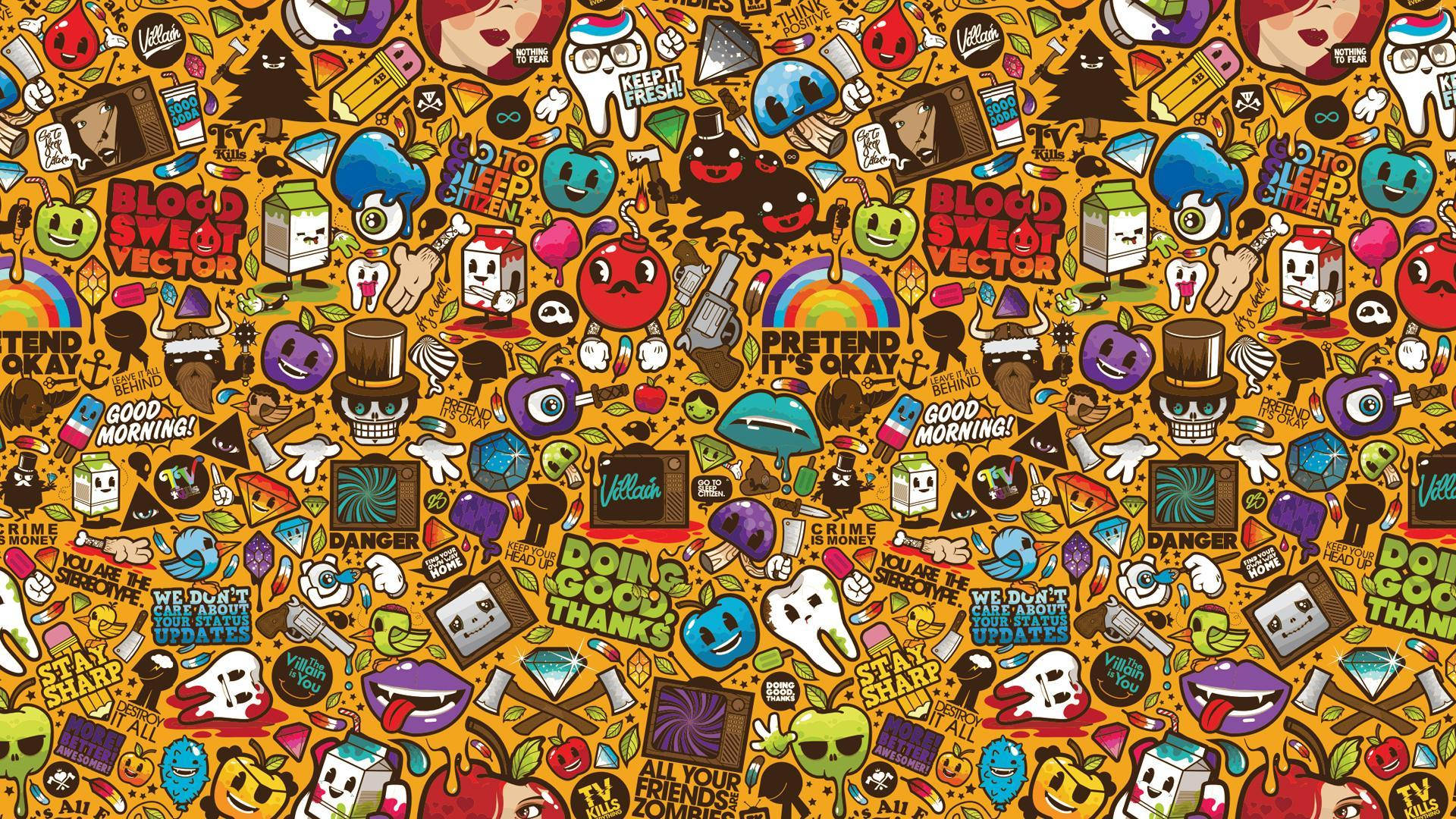 Colorful Doodle Art Deco, skulls, apples, Full HD Desktop Wallpaper