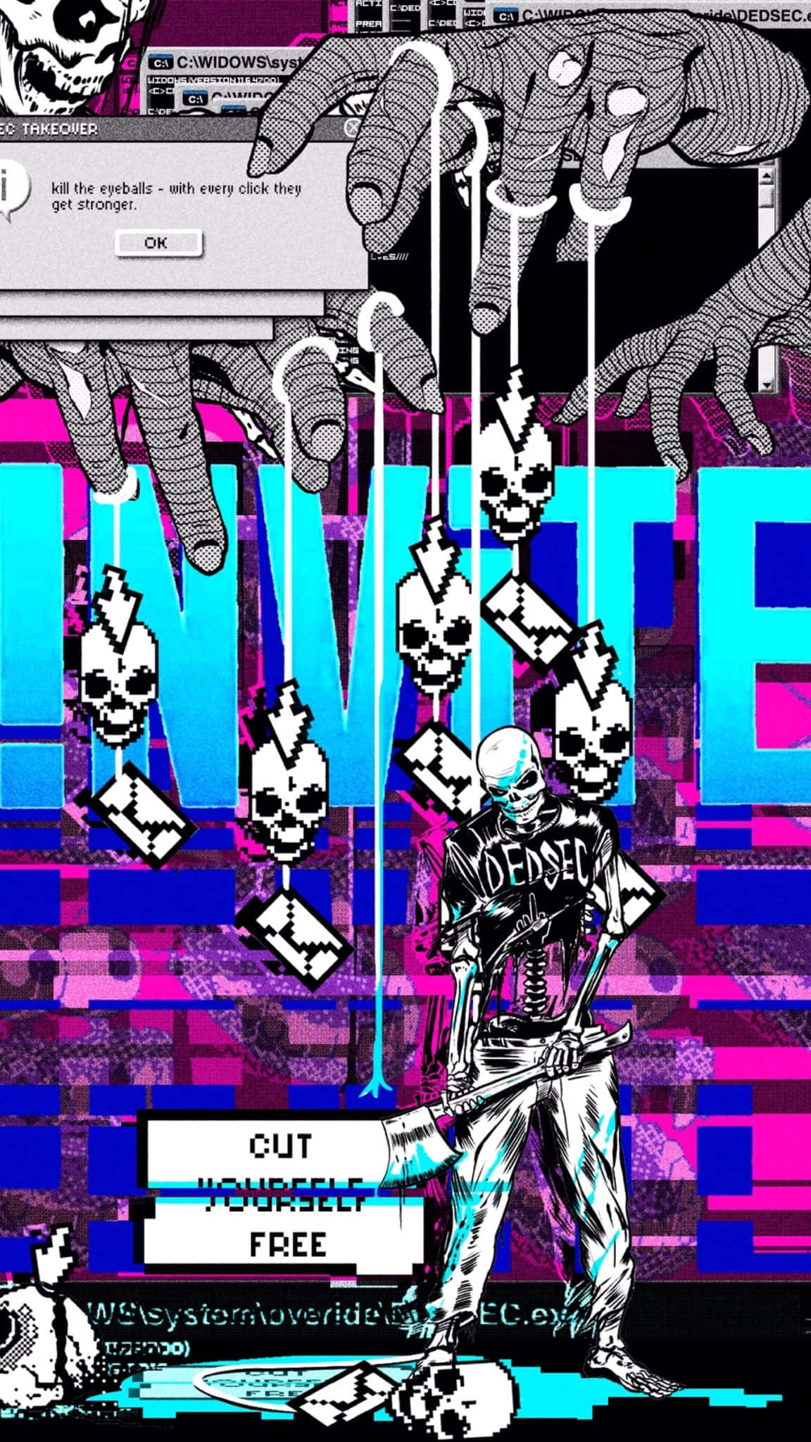 Dedsec, glitchy digital horror, skeletal figure, Full HD Phone Wallpaper