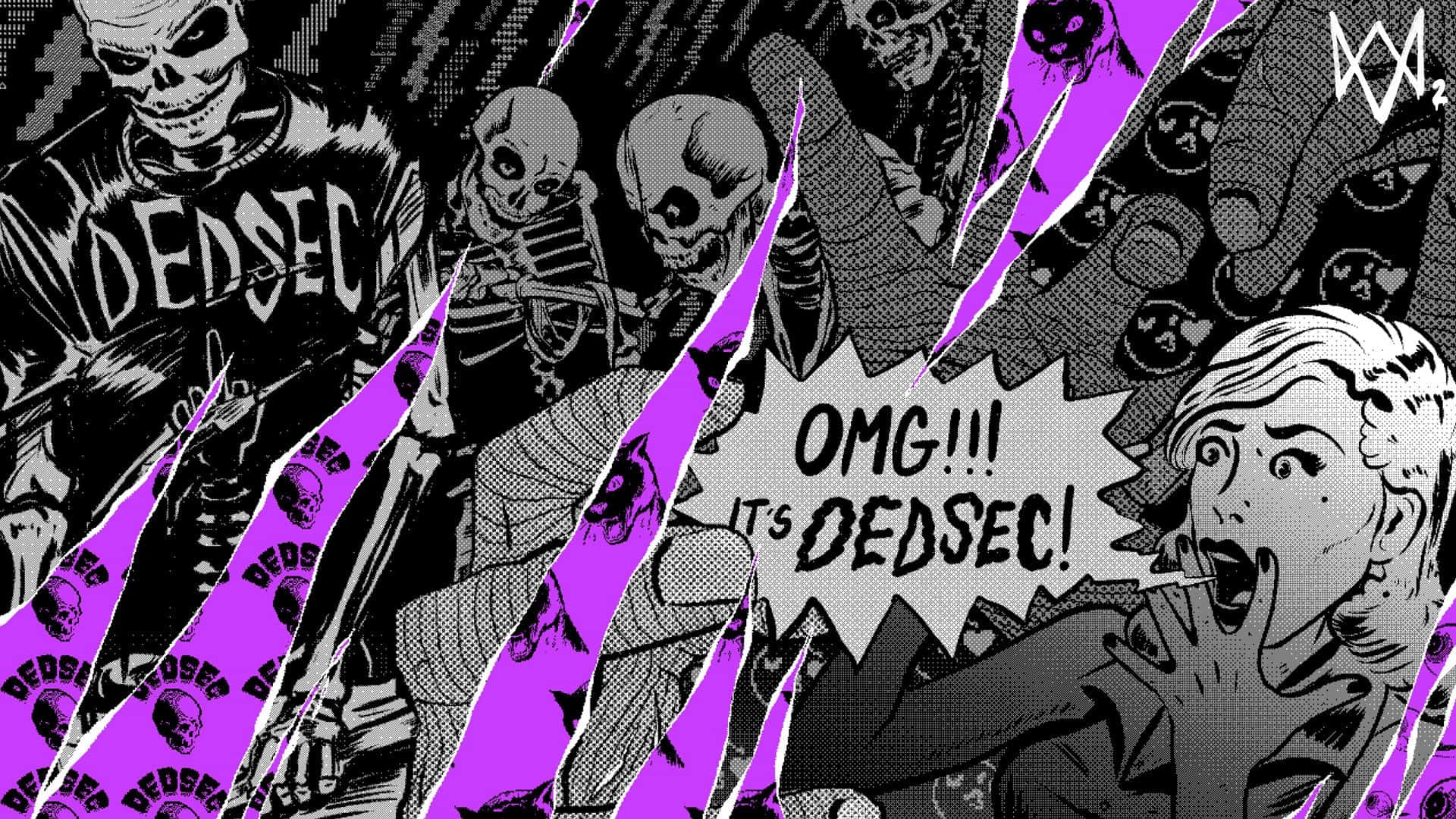 Dedsec, comic-style, purple torn panels, Full HD Desktop Wallpaper
