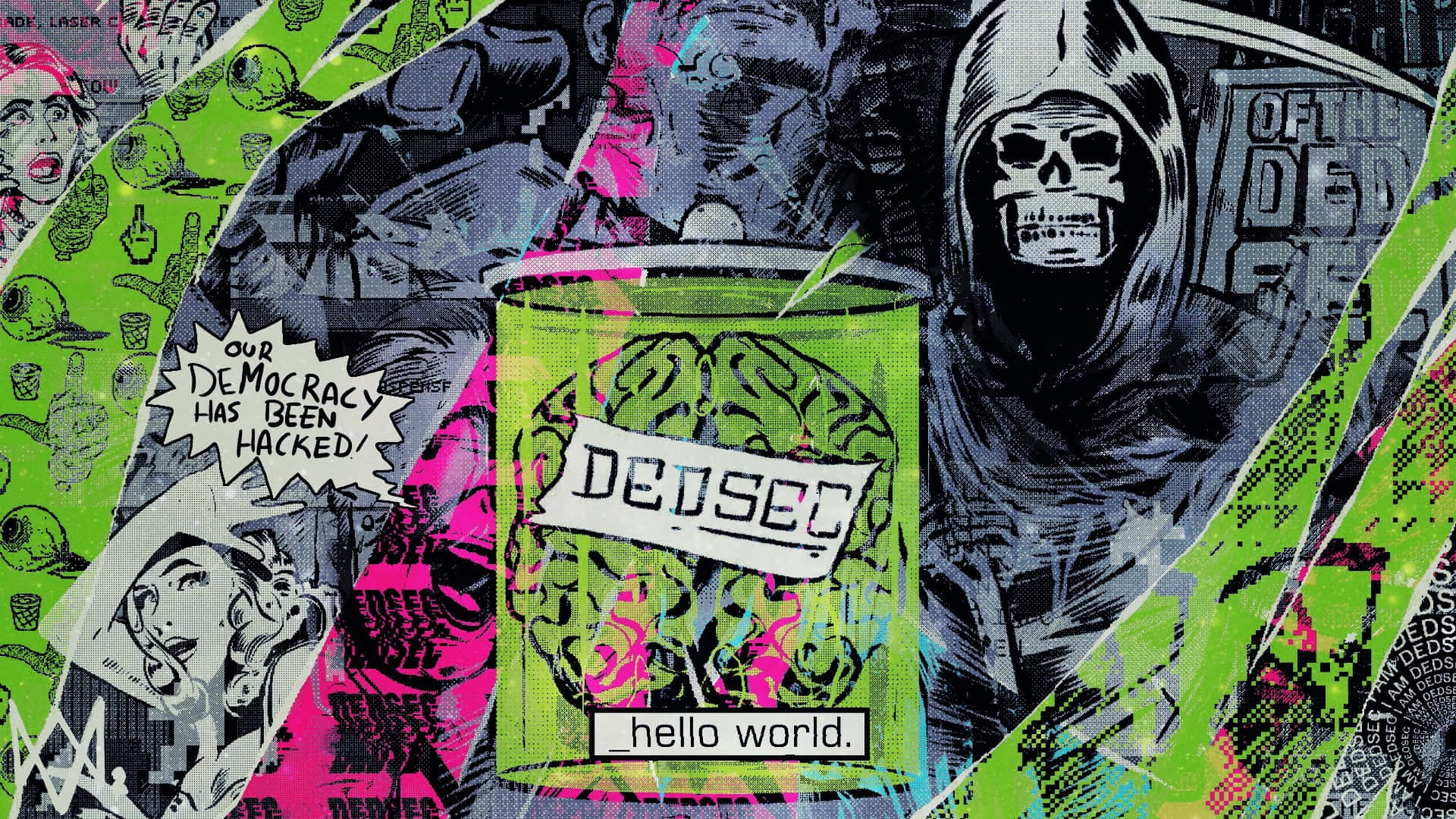 Dedsec, skull-faced hooded figure, brain-labeled can, Full HD Desktop Wallpaper