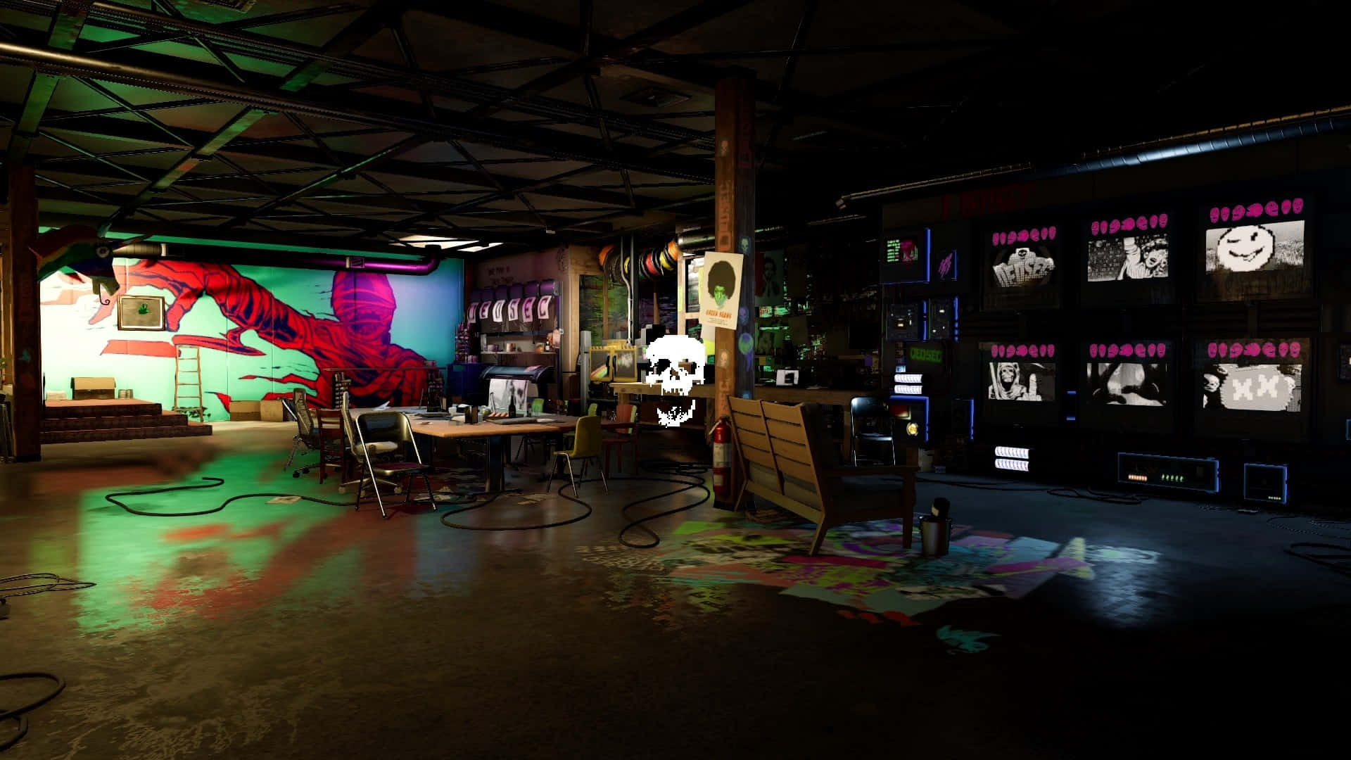Dedsec, neon green lighting, red lighting, Full HD Desktop Wallpaper