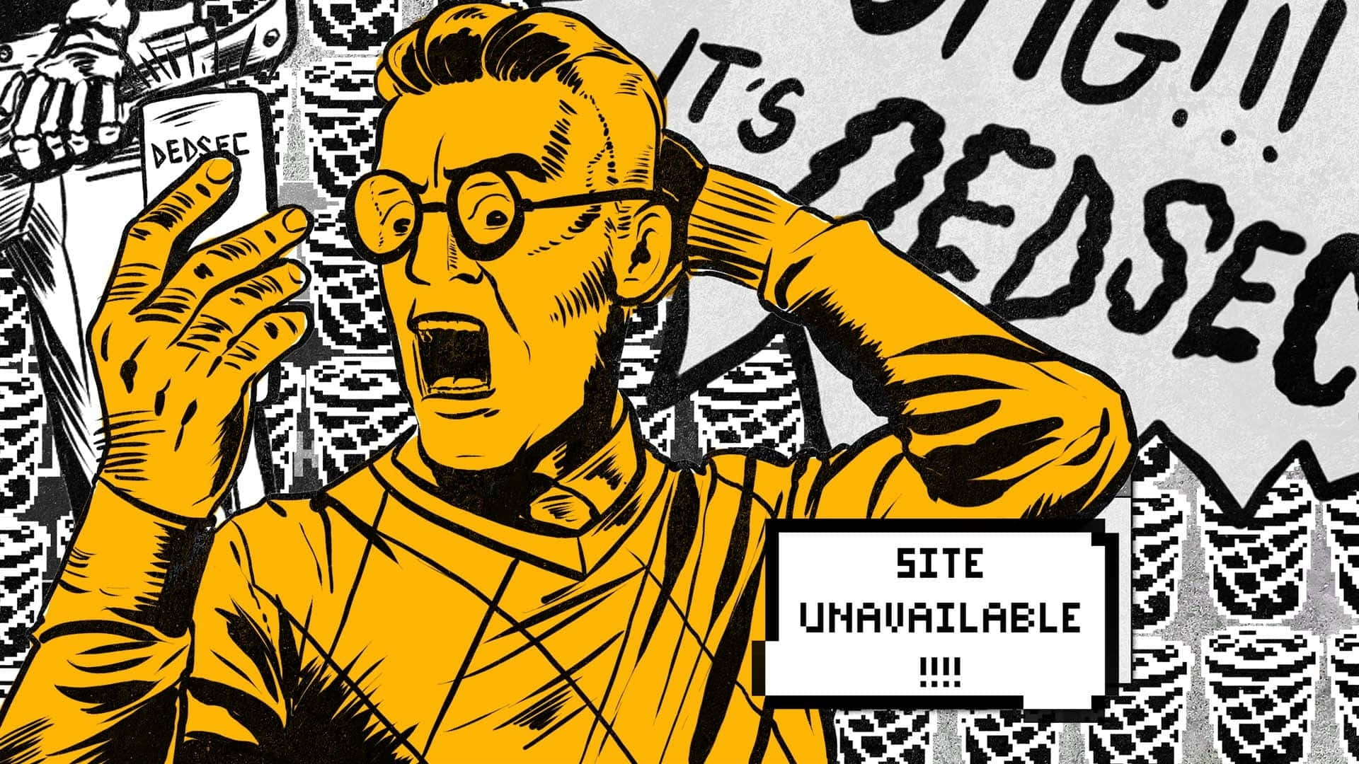 Dedsec, yellow cartoon man, glasses, Full HD Desktop Wallpaper
