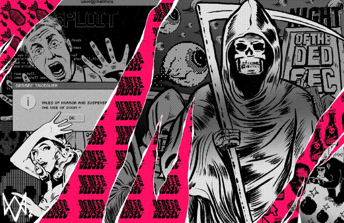 Dedsec, glitchy comic-style collage, grim reaper, HD Desktop Wallpaper