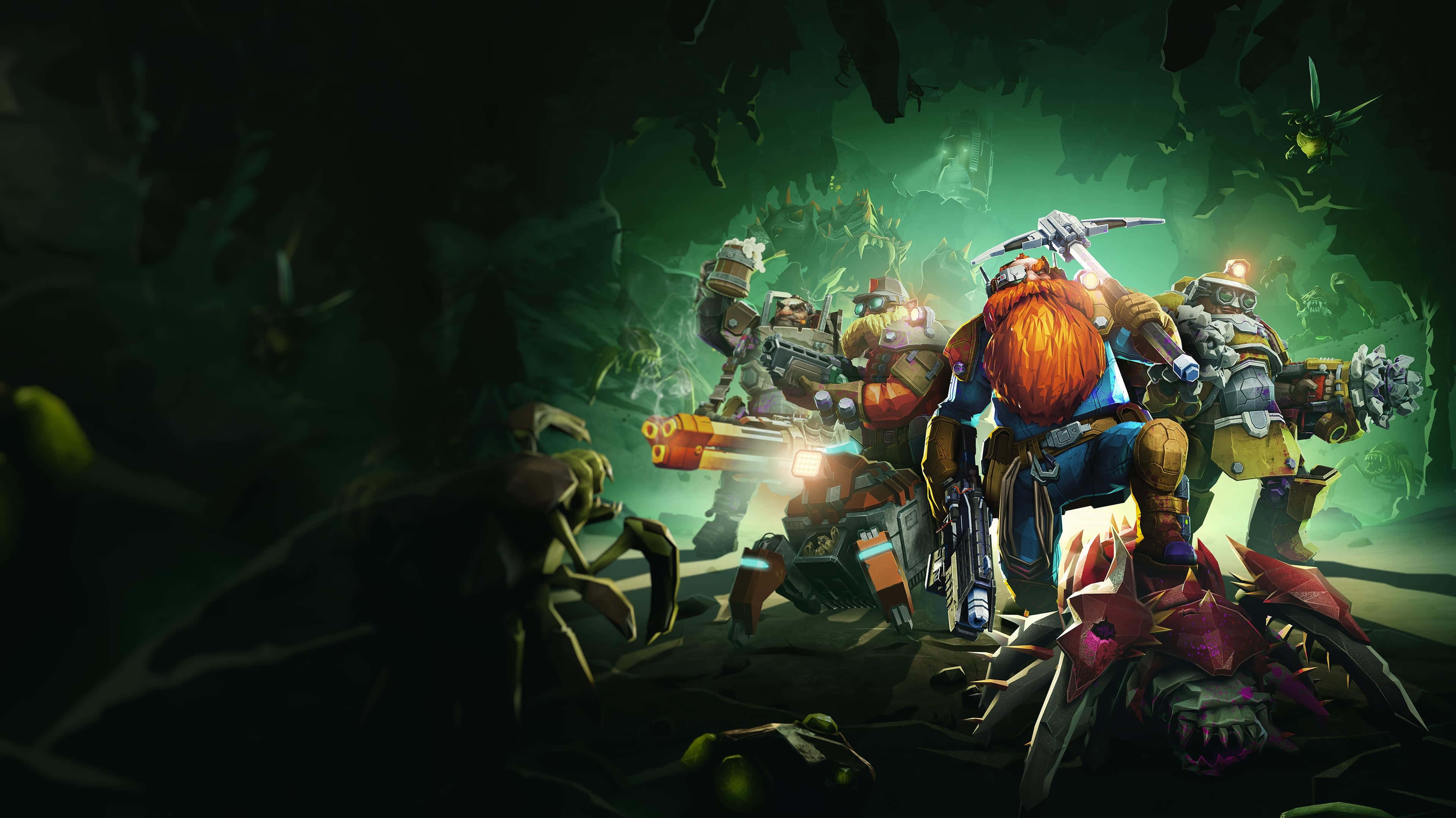 Deep Rock Galactic, armored adventurers, glowing weapons, 4K Desktop Wallpaper