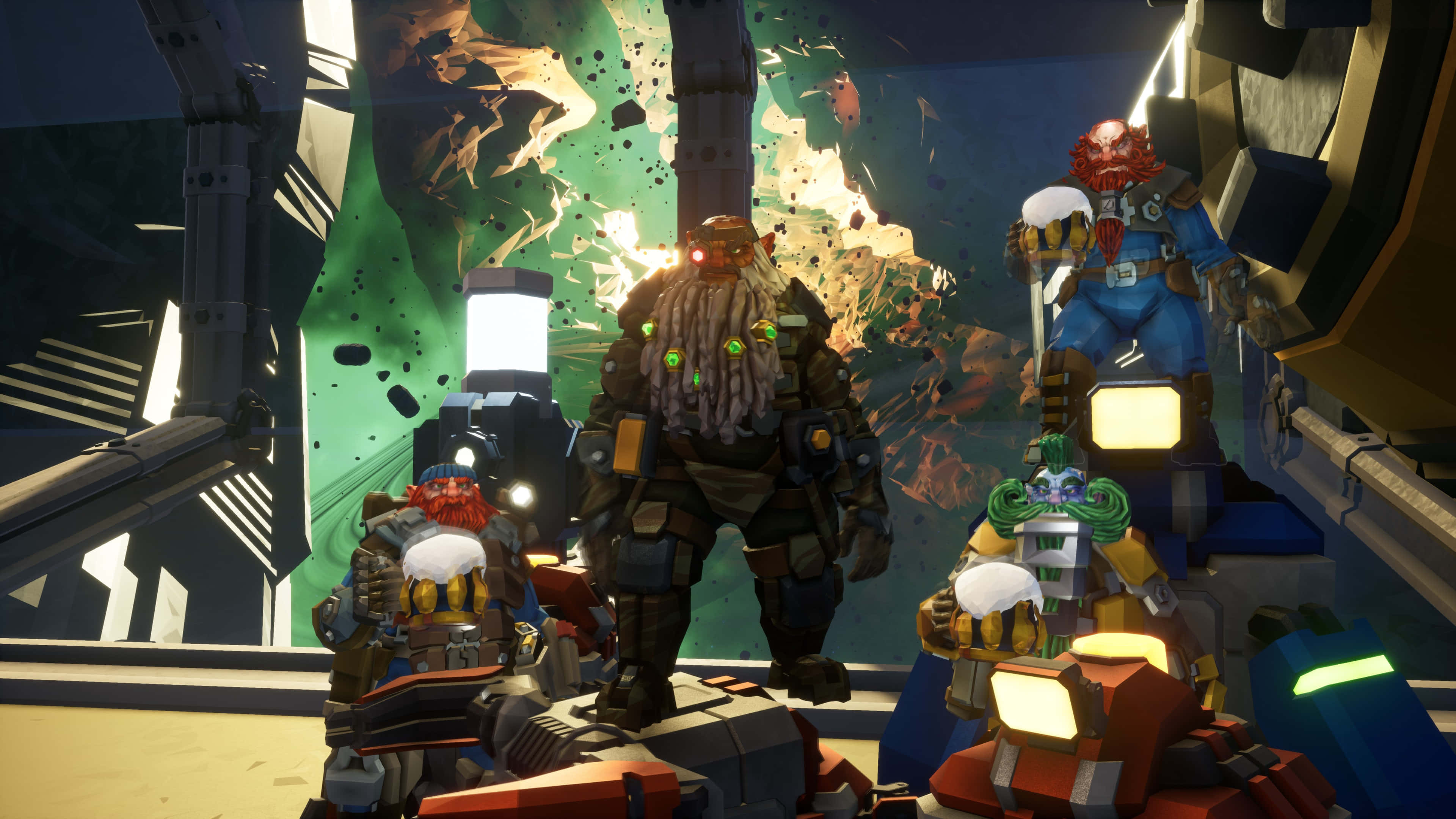 Deep Rock Galactic, robotic dwarves, glowing eyes, 4K Desktop Wallpaper
