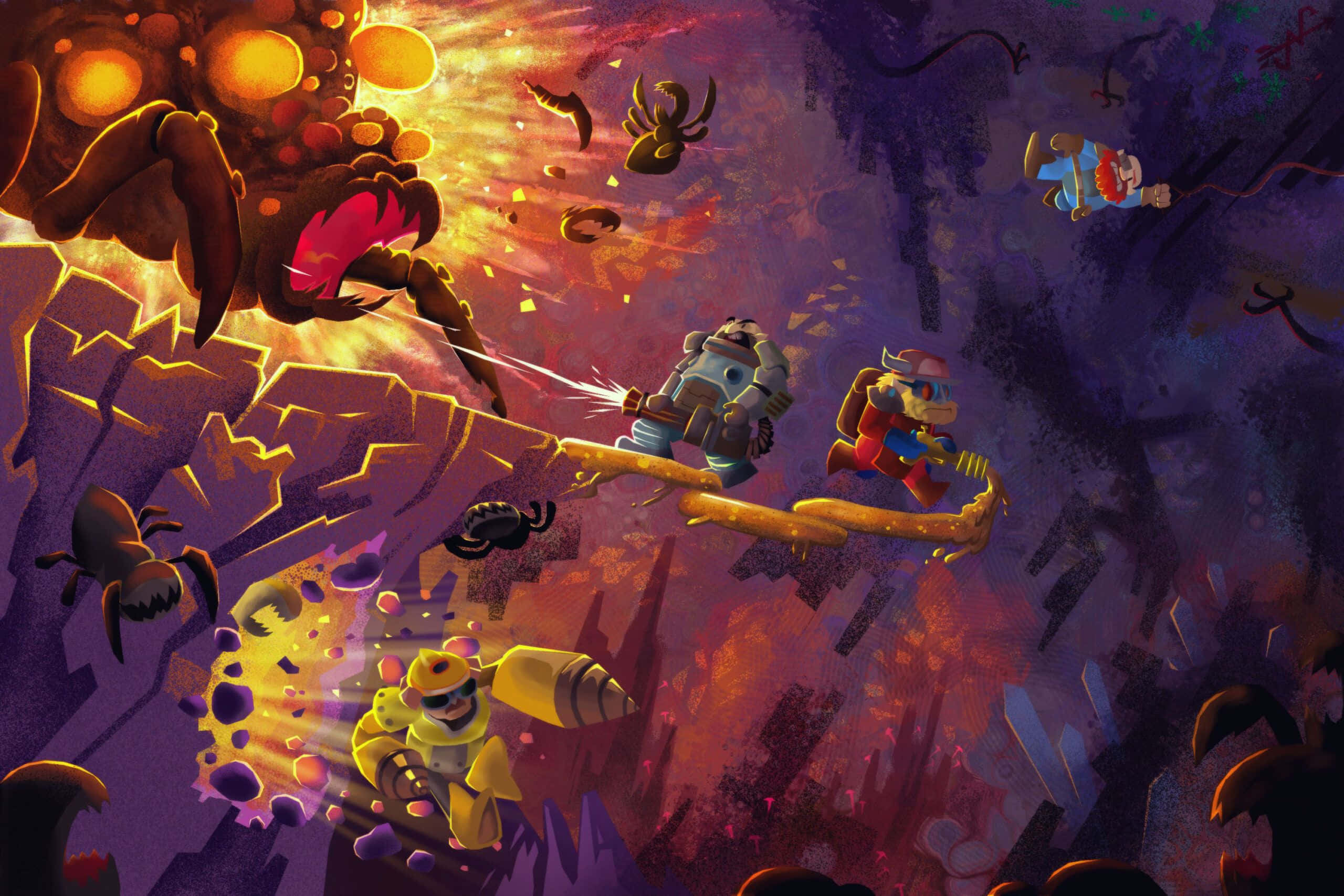 Deep Rock Galactic, giant spiders, lava monster, 2K Desktop Wallpaper