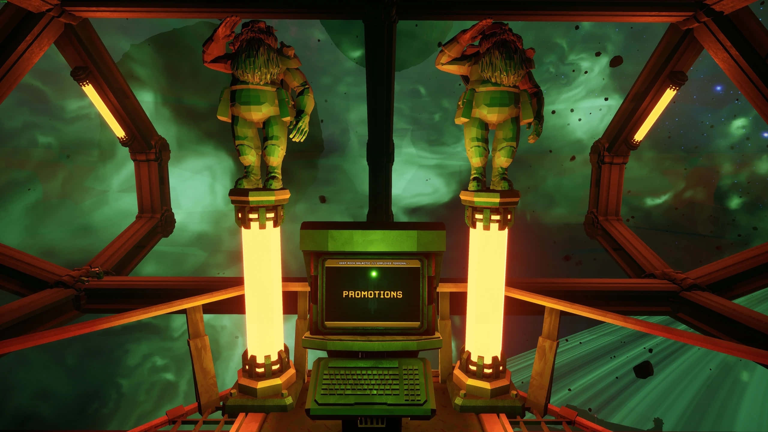 Deep Rock Galactic, green armored figures, glowing pillars, 2K Desktop Wallpaper