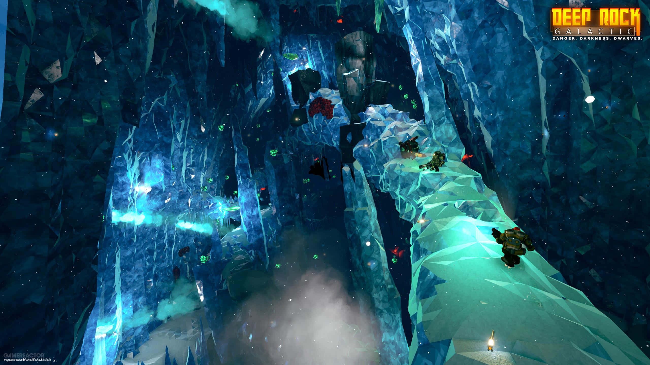 Deep Rock Galactic, icy cavern, glowing blue ice, 2K Desktop Wallpaper
