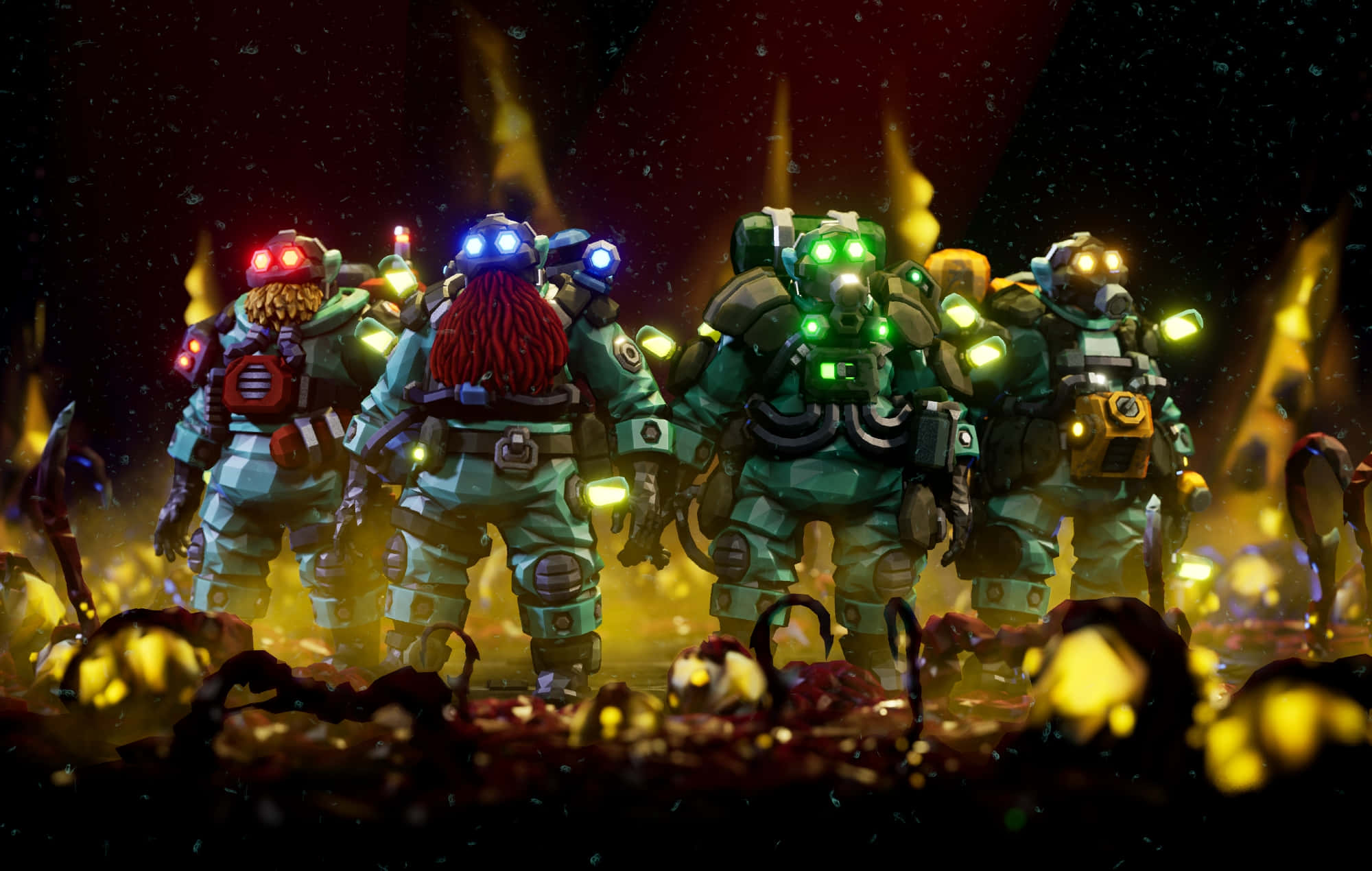 Deep Rock Galactic, armored figures, glowing helmets, Full HD Desktop Wallpaper