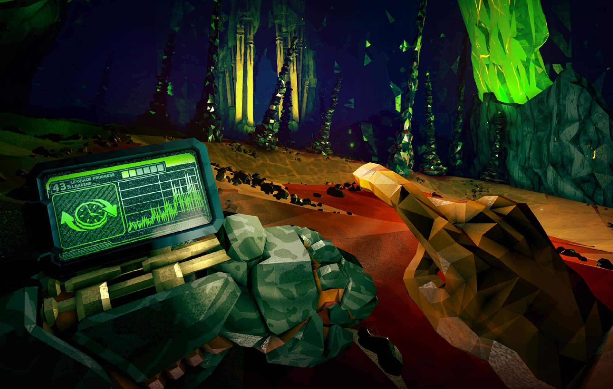 Deep Rock Galactic, glowing green scanner, dark cave, Full HD Desktop Wallpaper