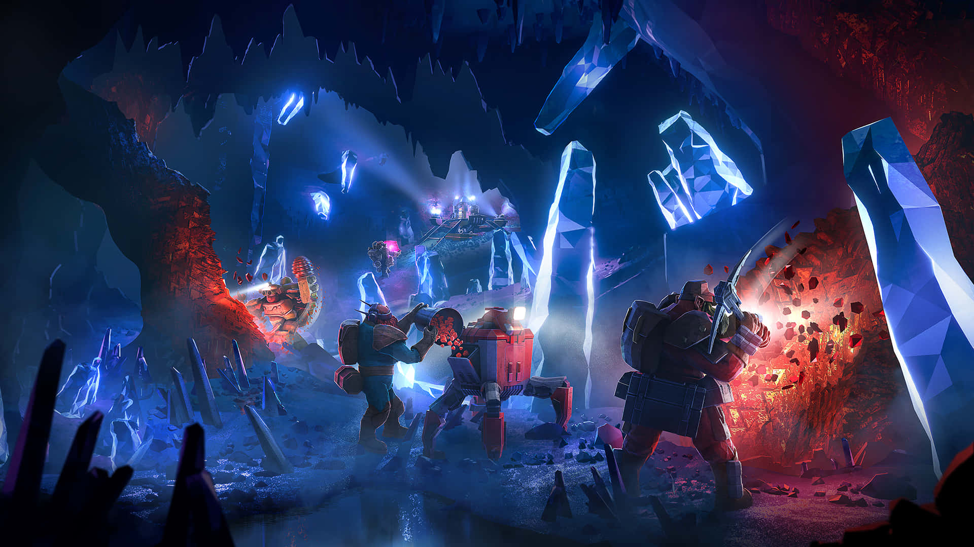 Deep Rock Galactic, armored figures, dark cave, Full HD Desktop Wallpaper