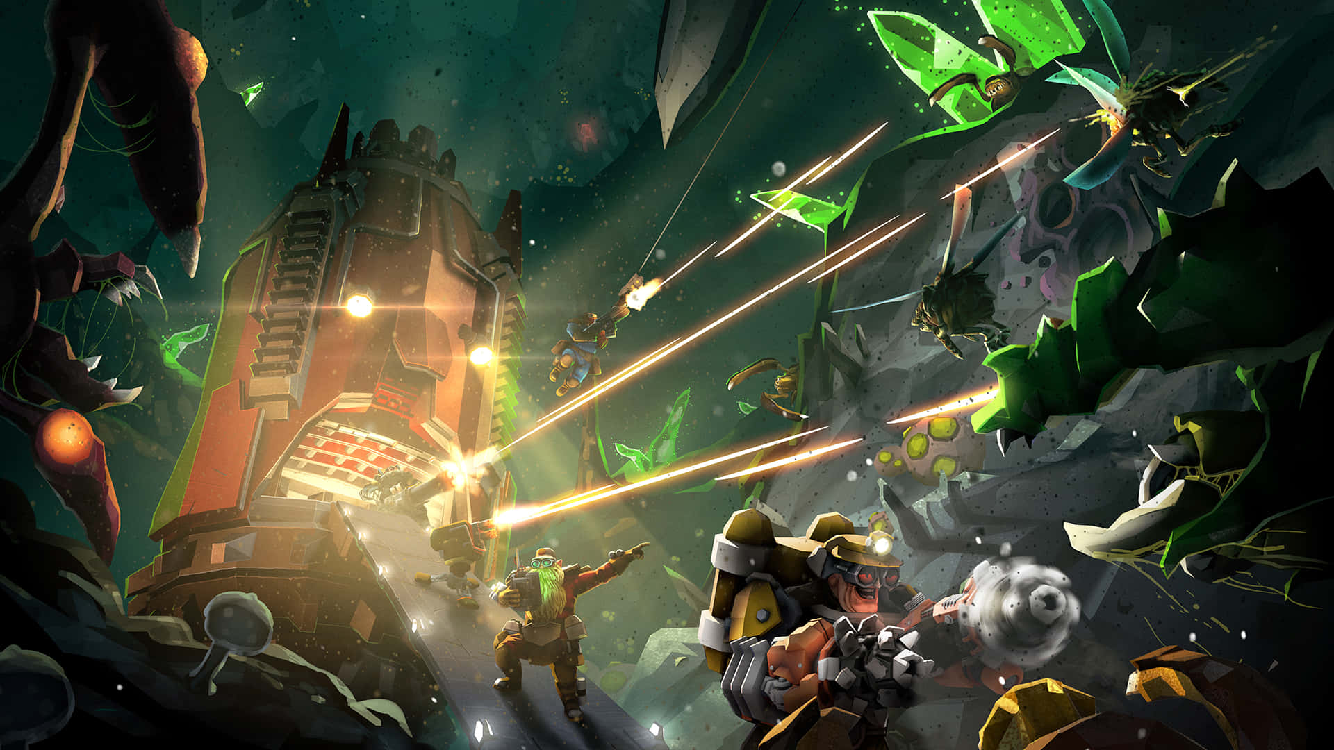 Deep Rock Galactic, armored warriors, glowing beams, Full HD Desktop Wallpaper