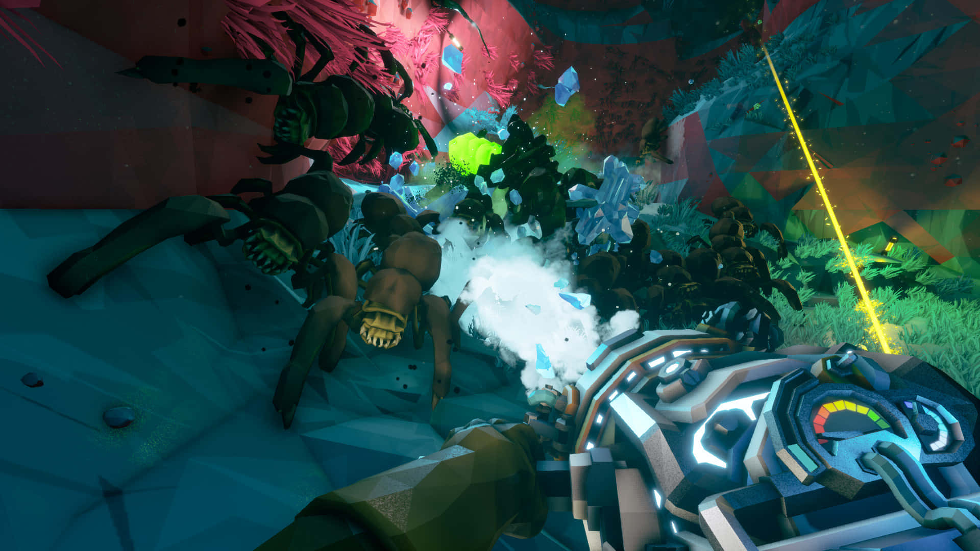 Deep Rock Galactic, first-person view, glowing weapon, Full HD Desktop Wallpaper
