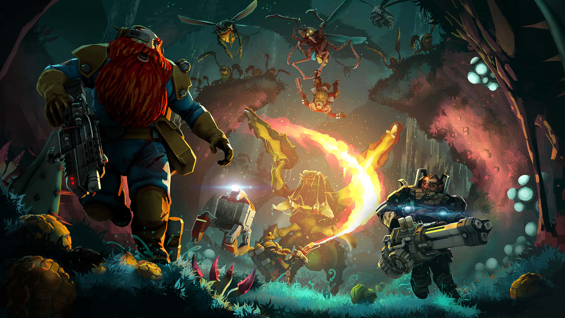 Deep Rock Galactic, armored warriors, giant glowing insects, Full HD Desktop Wallpaper