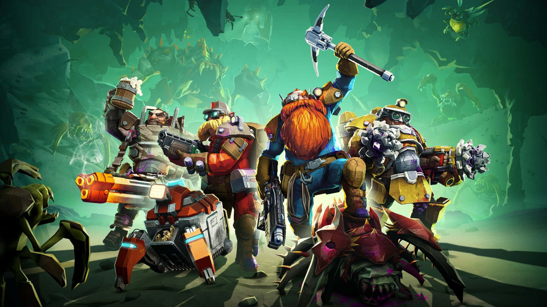 Deep Rock Galactic, armored adventurers, glowing green cave, Full HD Desktop Wallpaper
