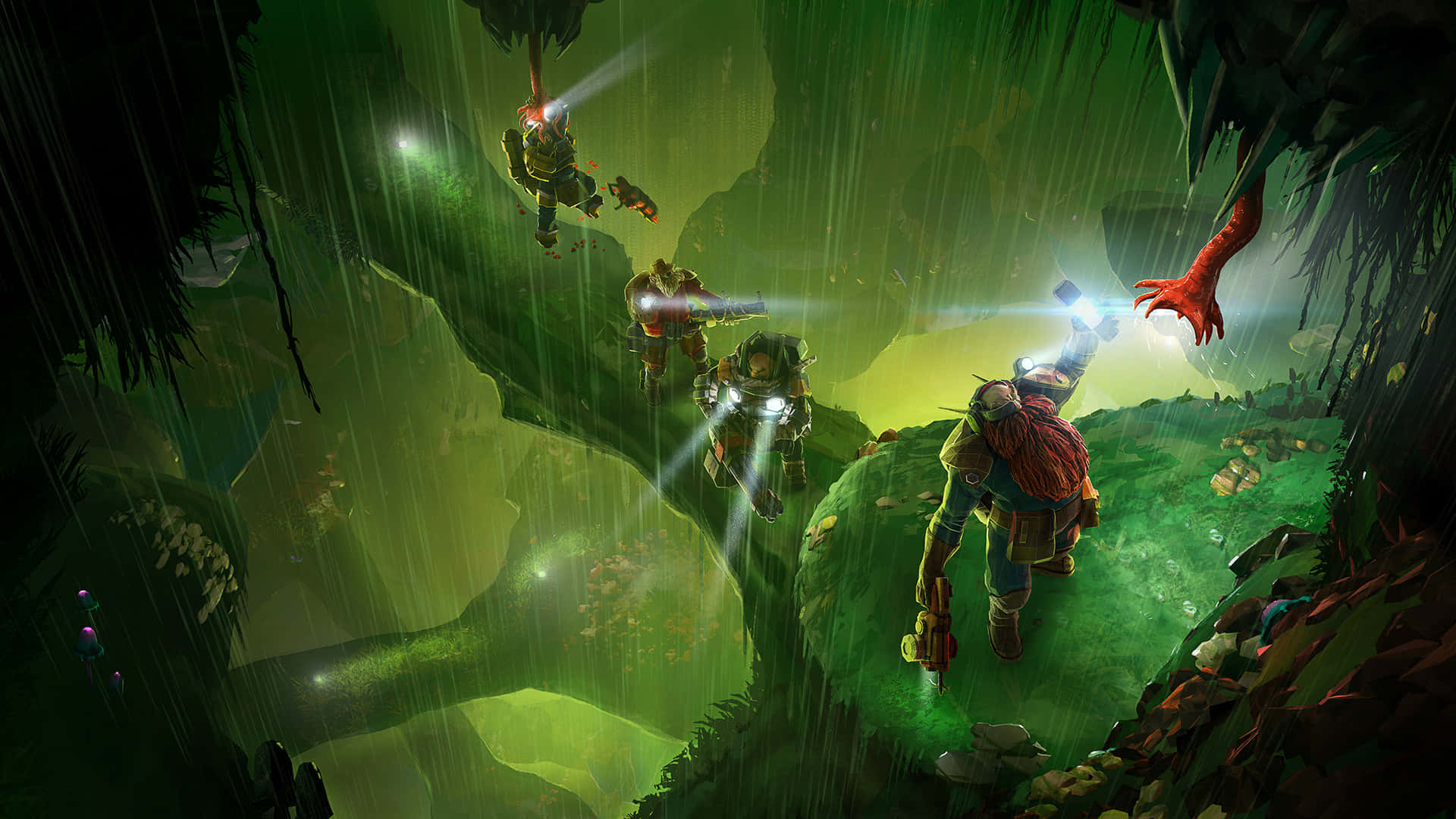 Deep Rock Galactic, team exploration, lush green jungle canyon, Full HD Desktop Wallpaper